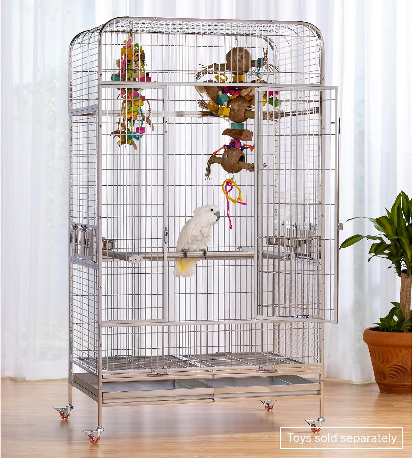 Prevue Pet Products Imperial Extra Large Stainless Bird Cage - Big Birdcage Ideal for Parrots, Cockatoos, Macaws, Included Perch and Cups, Durable Cage with Wheels - Gray, Extra Large - Image 5