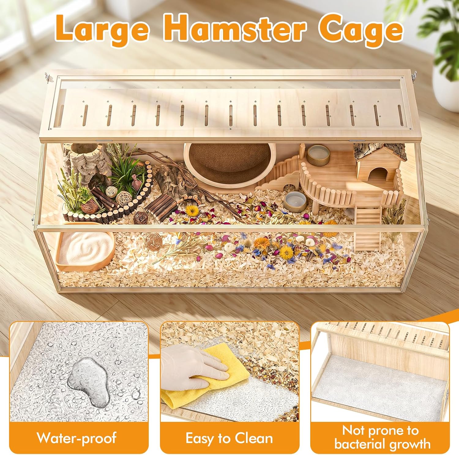 XiaZ Hamster Cage,48Inch Large Hamster Tank with Panoramic View and Ventilated Top, Spacious Acrylic Glass Habitat for Syrian Dwarf Hamsters and Degus, Natural Wood Frame Enclosure - Image 6