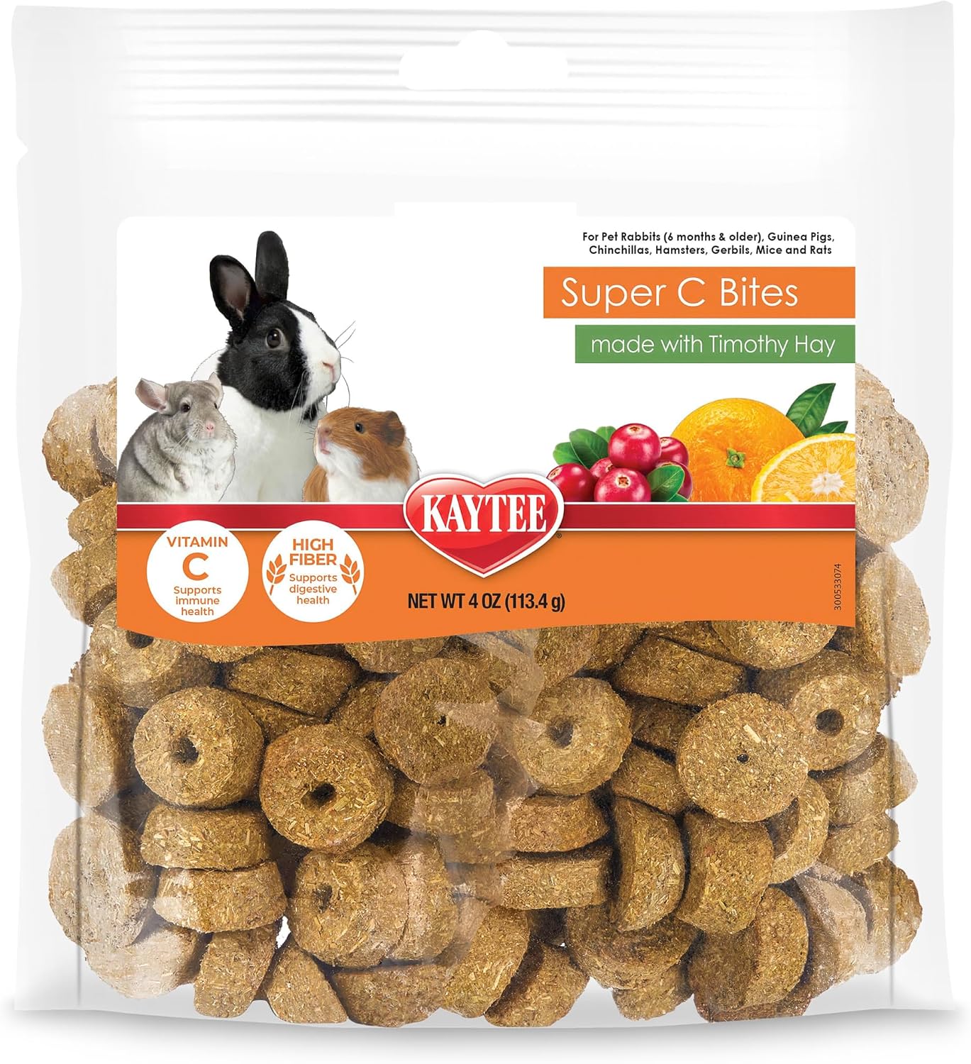 Kaytee Super C Bites Treat For Pet Guinea Pigs, Adult Rabbits, Chinchillas, and Other Small Animals, Cranberry and Orange, 4 oz