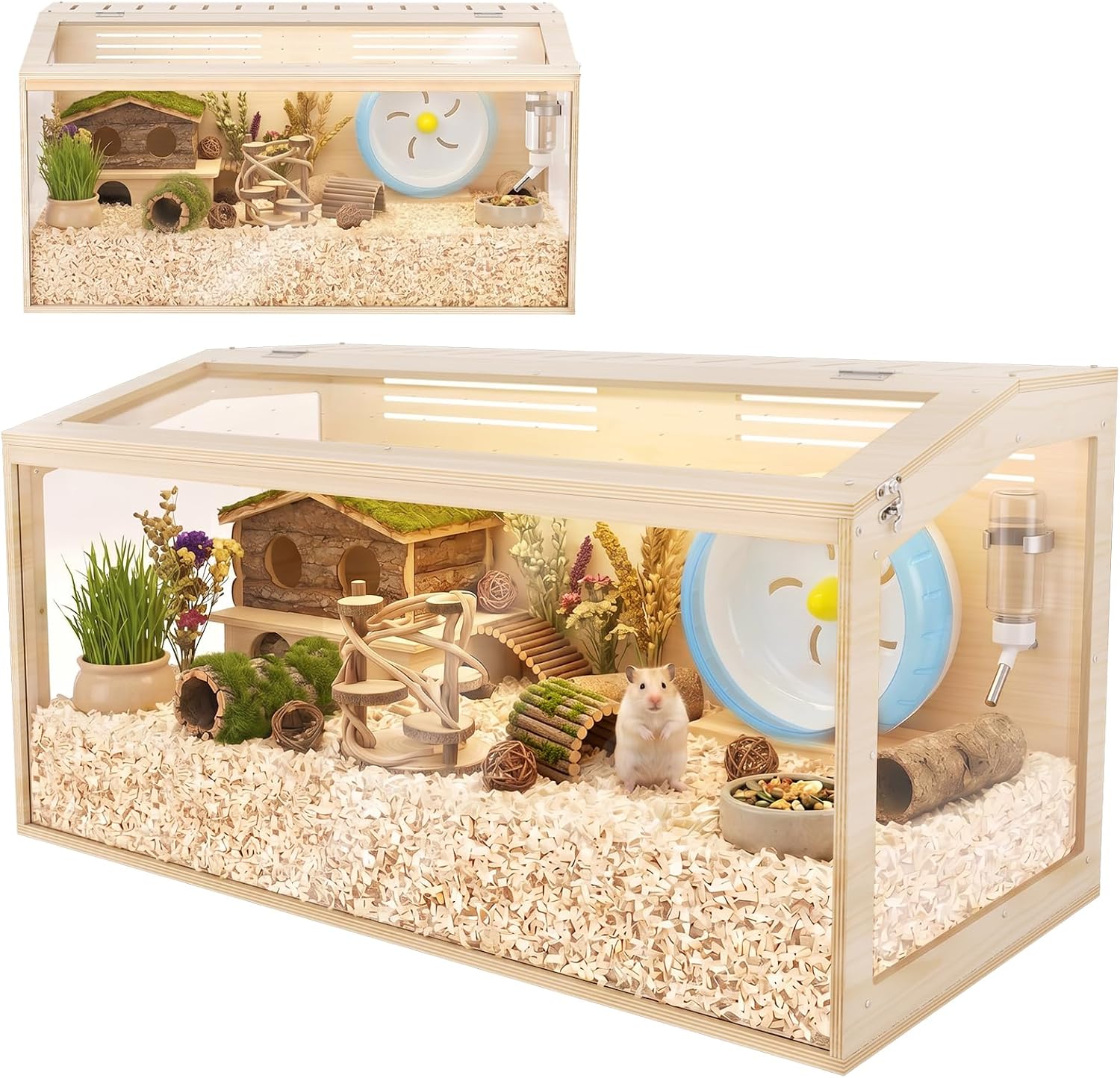 Wooden Hamster Cage, 32inch Large Hamster Enclosure with Openable Top & Stabilized Acrylic for Small Animals, Guinea Pig, Rabbit, Rat, 32" L x 16''W x 16''H Hamster Habitat with Multi-Vent