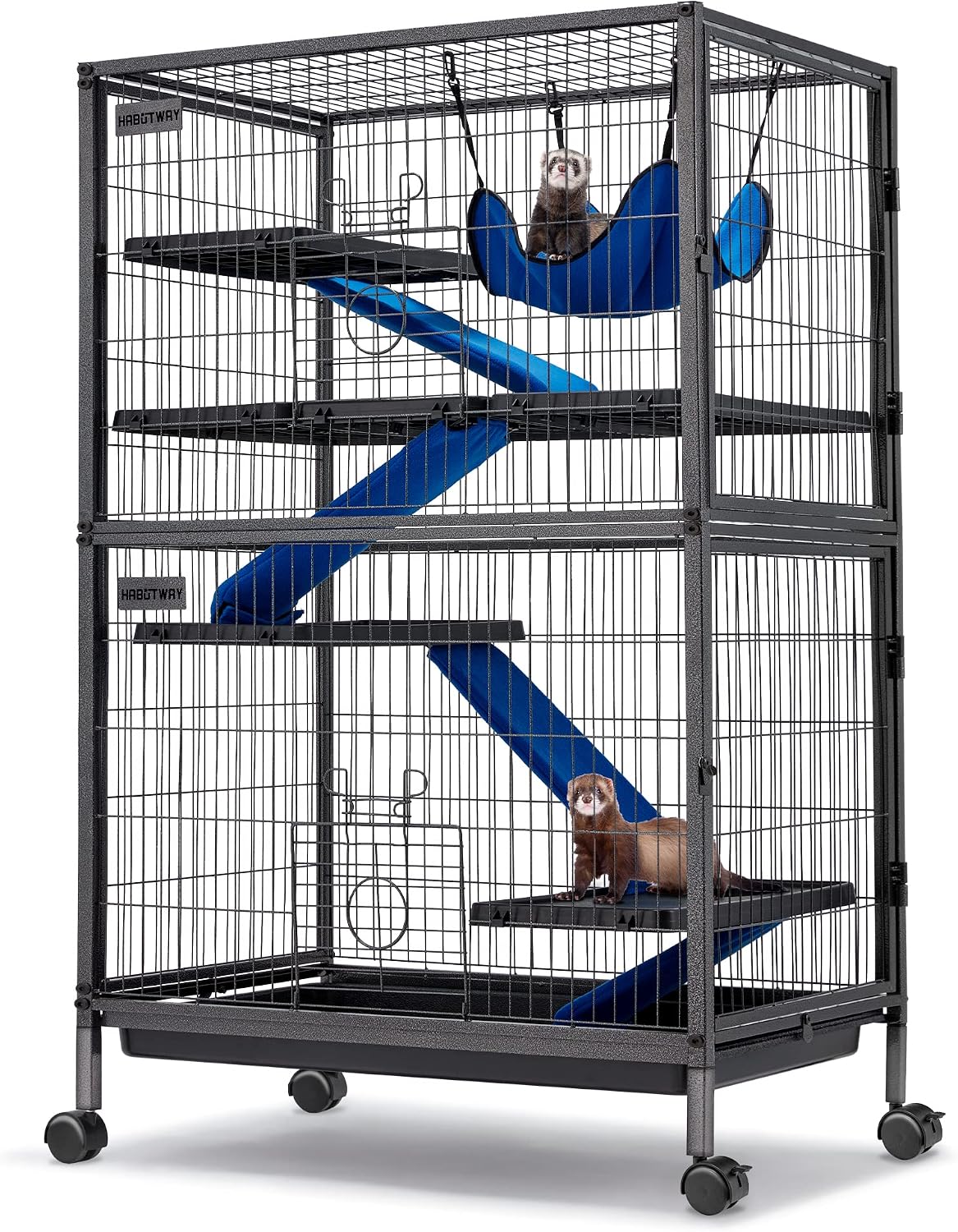 HABUTWAY 50''H Metal Small Animal Cages, Rolling Chinchilla Cage with Removable Ramps, Lagre Cage for Chinchillas/Guinea Pigs/Rabbit, Ferret Cages with Hammock & 5 Tiers, Black