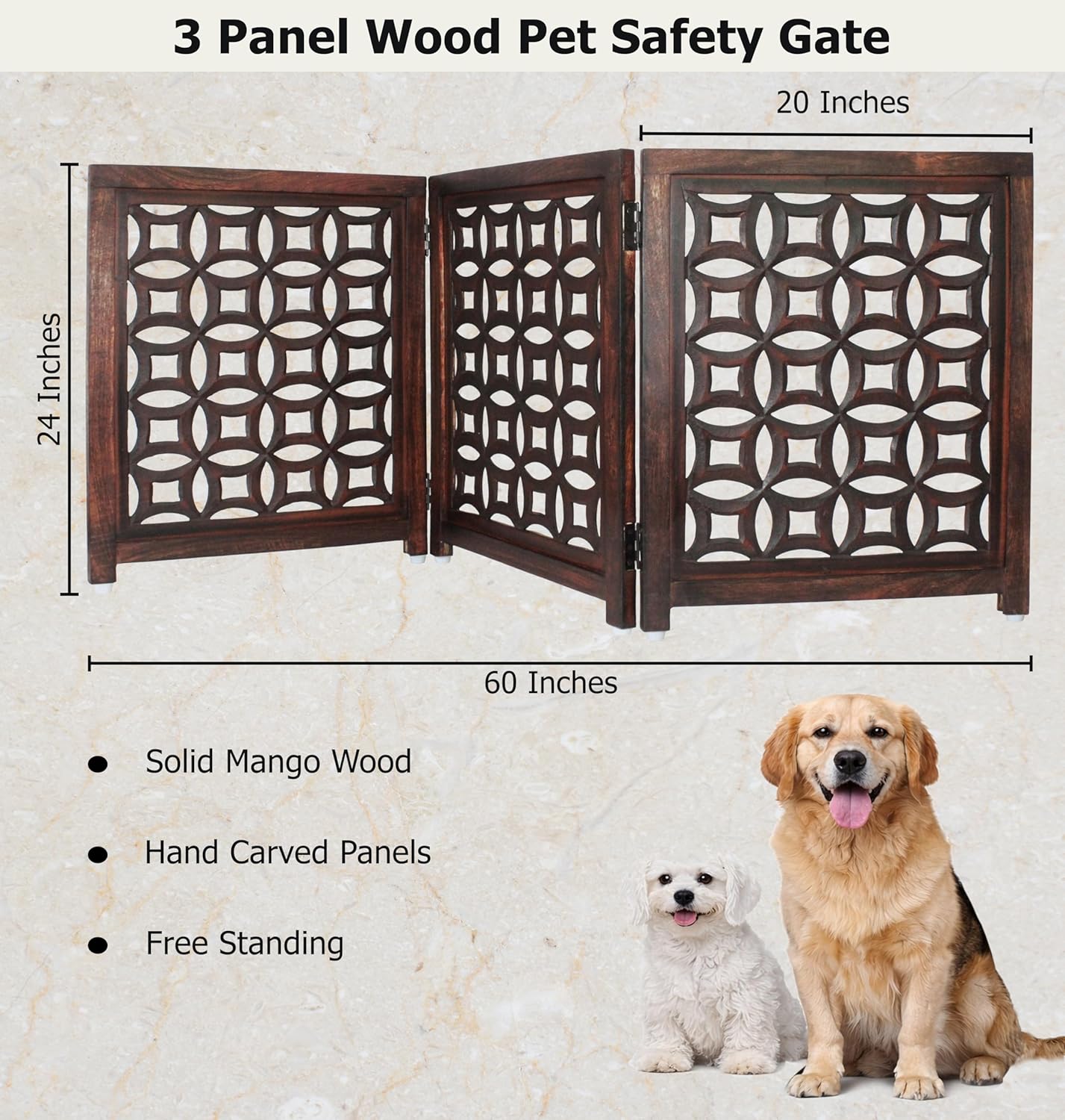 Croft&Cane Wooden Foldable Pet Dog Safety Gate – 3 Panel Freestanding Indoor Pet Fence (20 inches W x 24 inches H) – Hand-Carved Solid Wood & MDF – Fully Assembled 60x24 - Antique Brown - Image 3