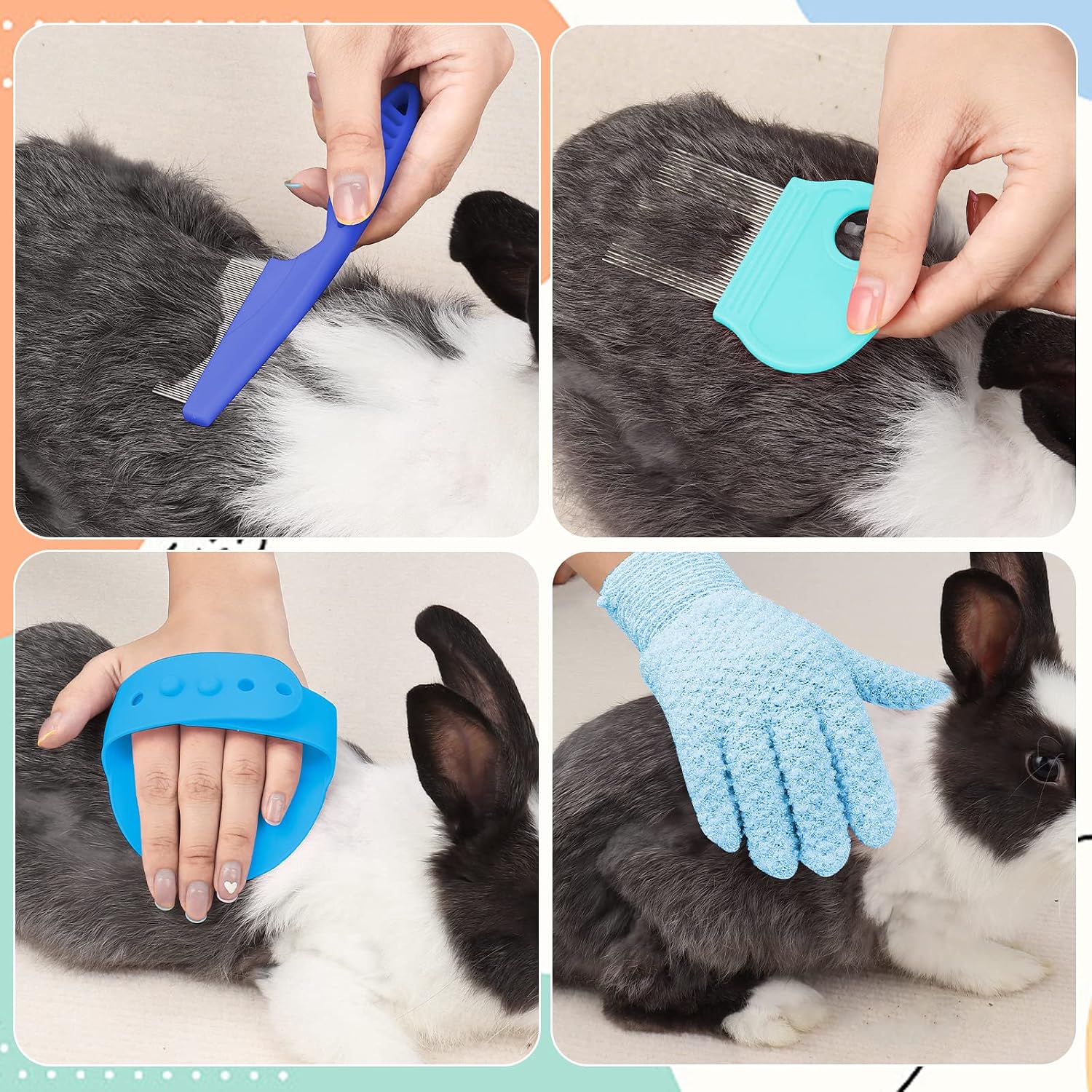 VCZONE Small Animal Grooming Set: Pet Nail Clipper & File, Flea Comb, Shampoo Brush, Shedding Slicker Brush, Massage Glove, Cleaning Comb (Blue) - Image 4