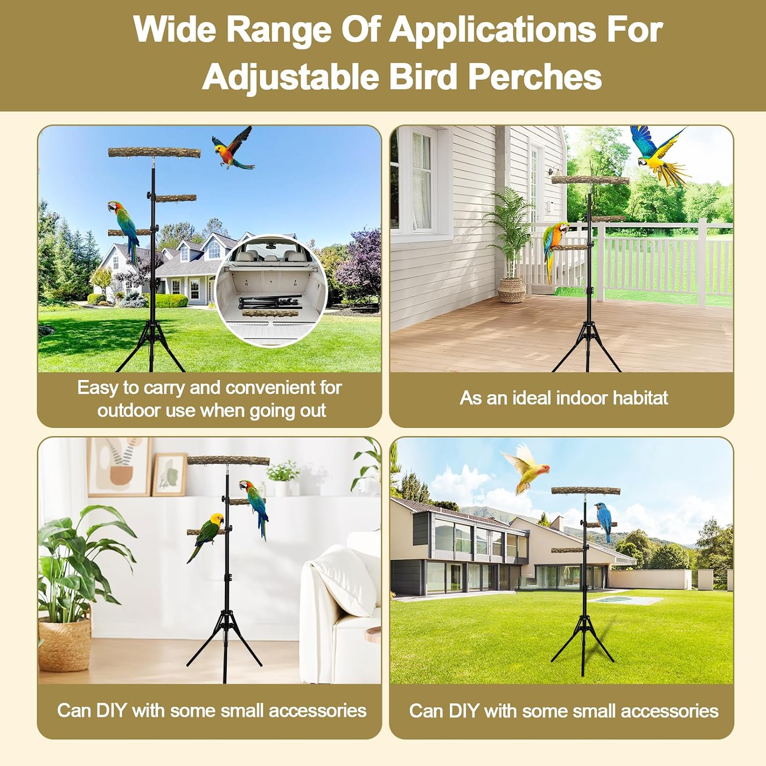 3-Layer 16-63 Inch Height Adjustable Bird Perch Pepper Wood Birds Training Perch Stand Parakeet Perches Indoor and Outdoor Parrot Stands for Small to Medium Bird - Image 6