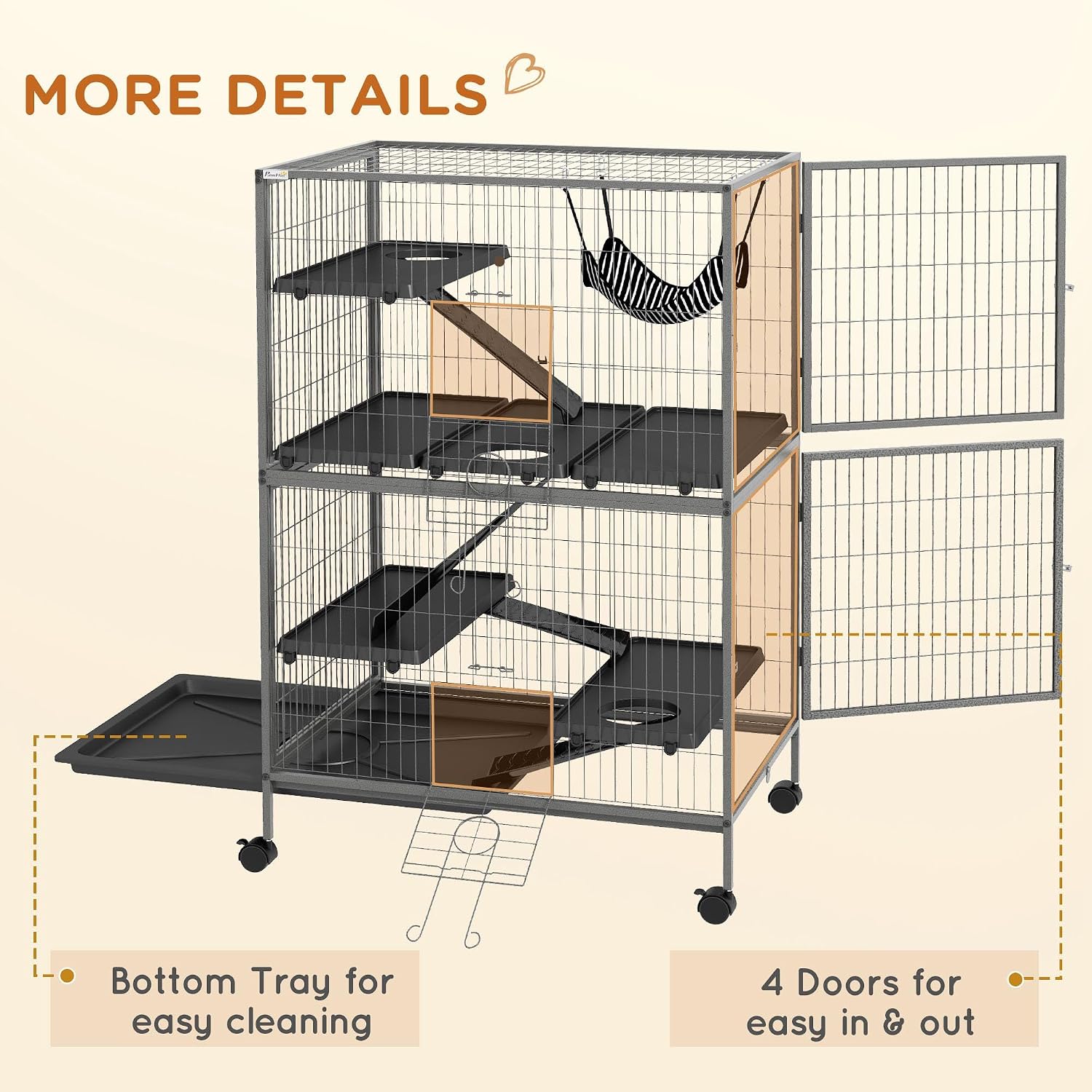 PawHut 50" 5-Tier Small Animal Cage, Ferret Cage, Large Chinchilla Cage with Hammock Accessory & Heavy-Duty Steel Wire, Small Animal Habitat with 4 Doors, Removable Tray, Gray - Image 6