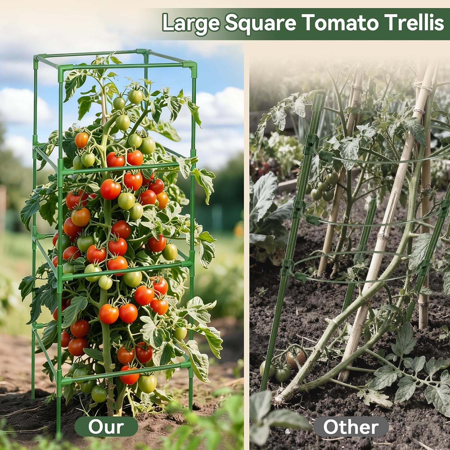 Halatool 2 Pack 45 Inches Tomato Cages for Garden, Heavy Duty Adjustable Square Tomato Trellis for Climbing Plants – Green Plant Support Stakes for Vegetables Flowers Fruits & Raised Bed Outdoor - Image 4