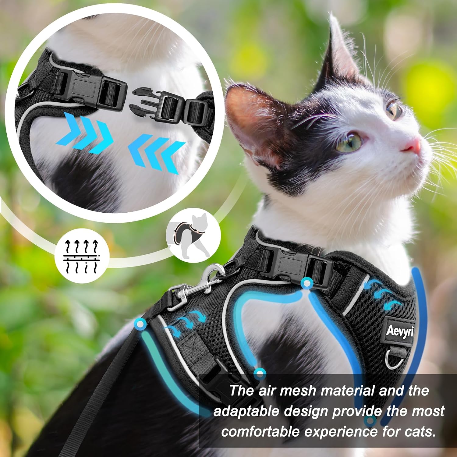 Cat Harness, Cat Harness and Leash for Walking, Adjusted in Four Directions and Breathable Cat Harness for Anti Escape that can be Fitted and Positioned, Reflective Strips Harness, Black, L - Image 2