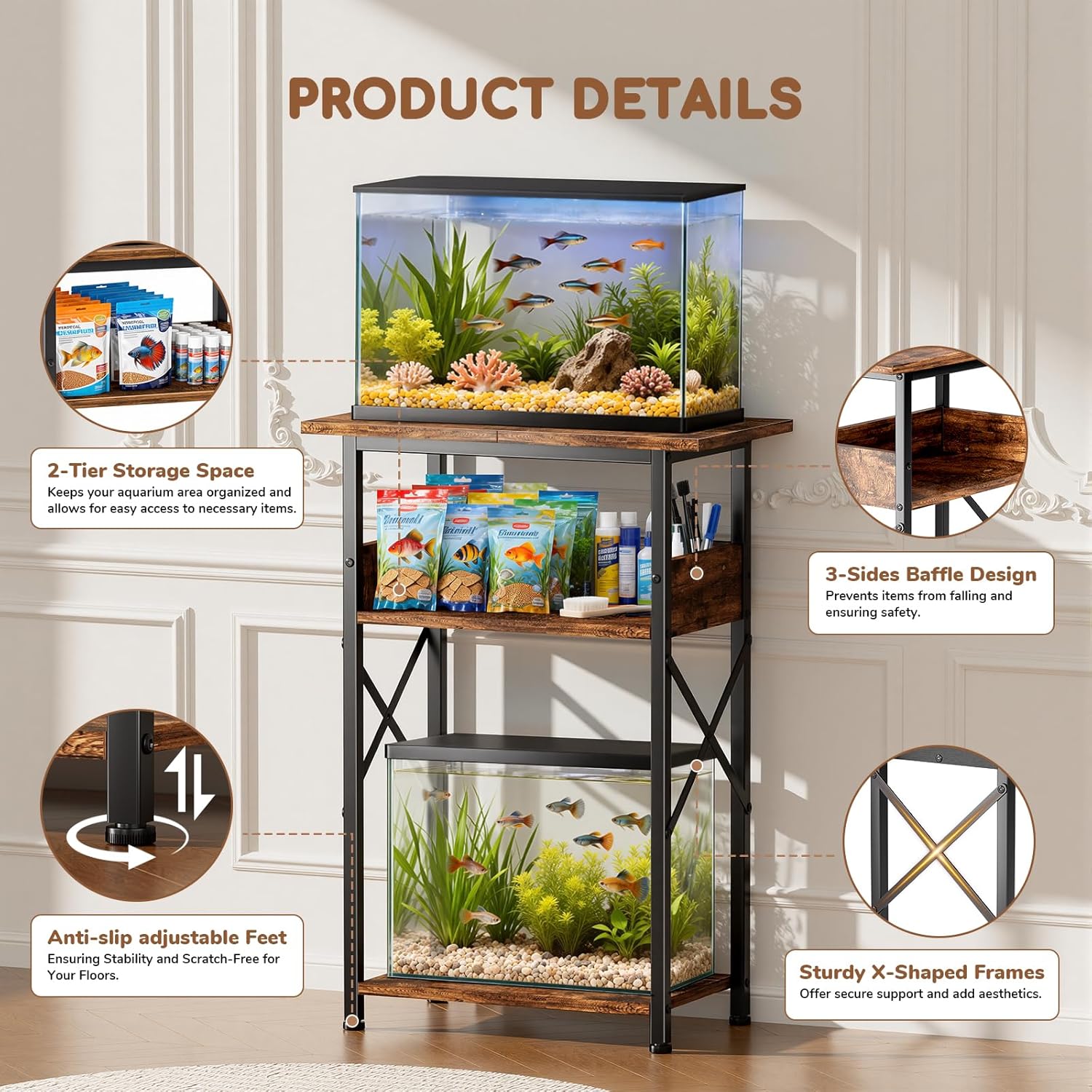 10 Gallon Fish Tank Stand with Storage Shelves, 3-Tier Aquarium Stand with Rust-Proof Metal Frame, Heavy Duty Waterproof Reptile Turtle Tank Stand for Home Office Up to 150LBS, 21.5" L x 11.5" W x 30" H, Rustic Brown - Image 5