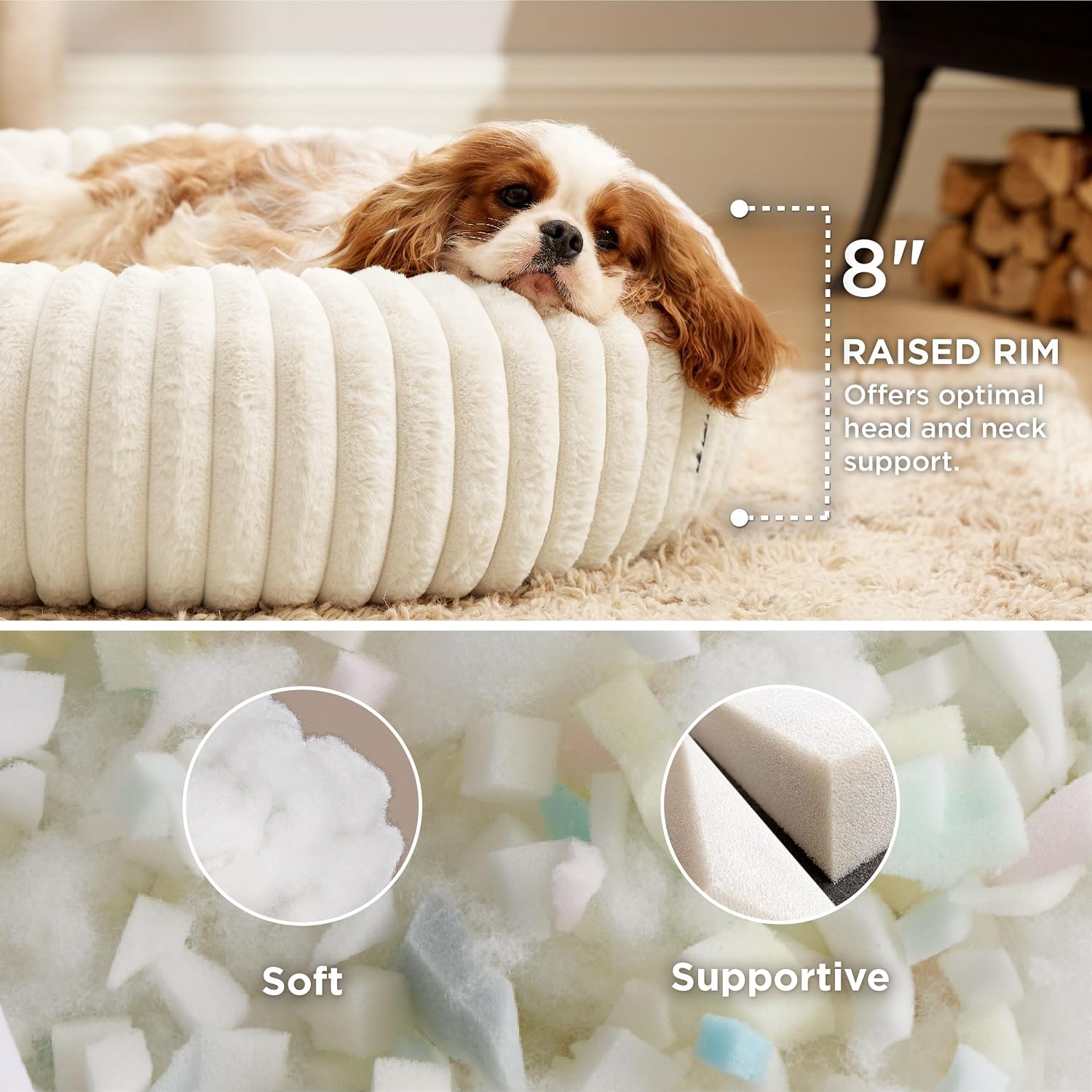 Bedsure ComfyFleece™ Donut Medium Dog Bed - Washable Faux Fur with Corduroy Fleece & Anti Slip Bottom, Round Pet Bed with Removable Cover, Cream, 30x30x8 inches - Image 2