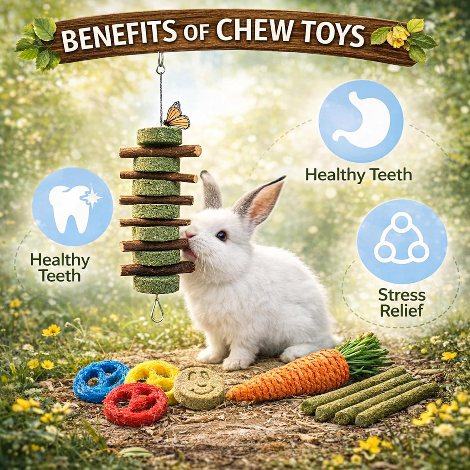 Grddaef 20 PCS Bunny Chew Toys for Teeth, Natural Rabbit Toys Apple Wood Grass Timothy Sticks Chew and Treat for Guinea Pigs Hamster Chinchillas - Image 2