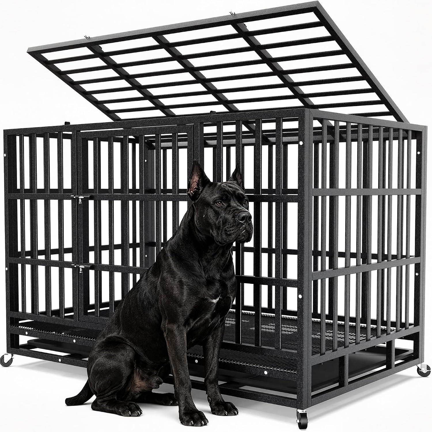 Hiwokk 48 Inch Heavy Duty Dog Crate, Indestructible Escape-Proof Dog Kennel for High Anxiety Large Dogs, Strong Metal Pet Cage with Double Doors, Lockable Wheels & Removable Tray, XL XXL XXXL