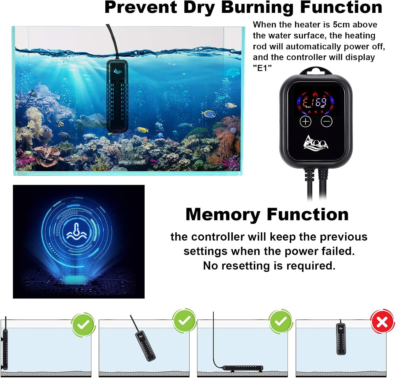 AQQA Submersible Aquarium Heater,100W/200W/300W/500W/800W/1000W/1200W Fish Tank Heater,External Temperature Controller LED Temperature Display,Suitable for Saltwater and Freshwater(1200W) - Image 4