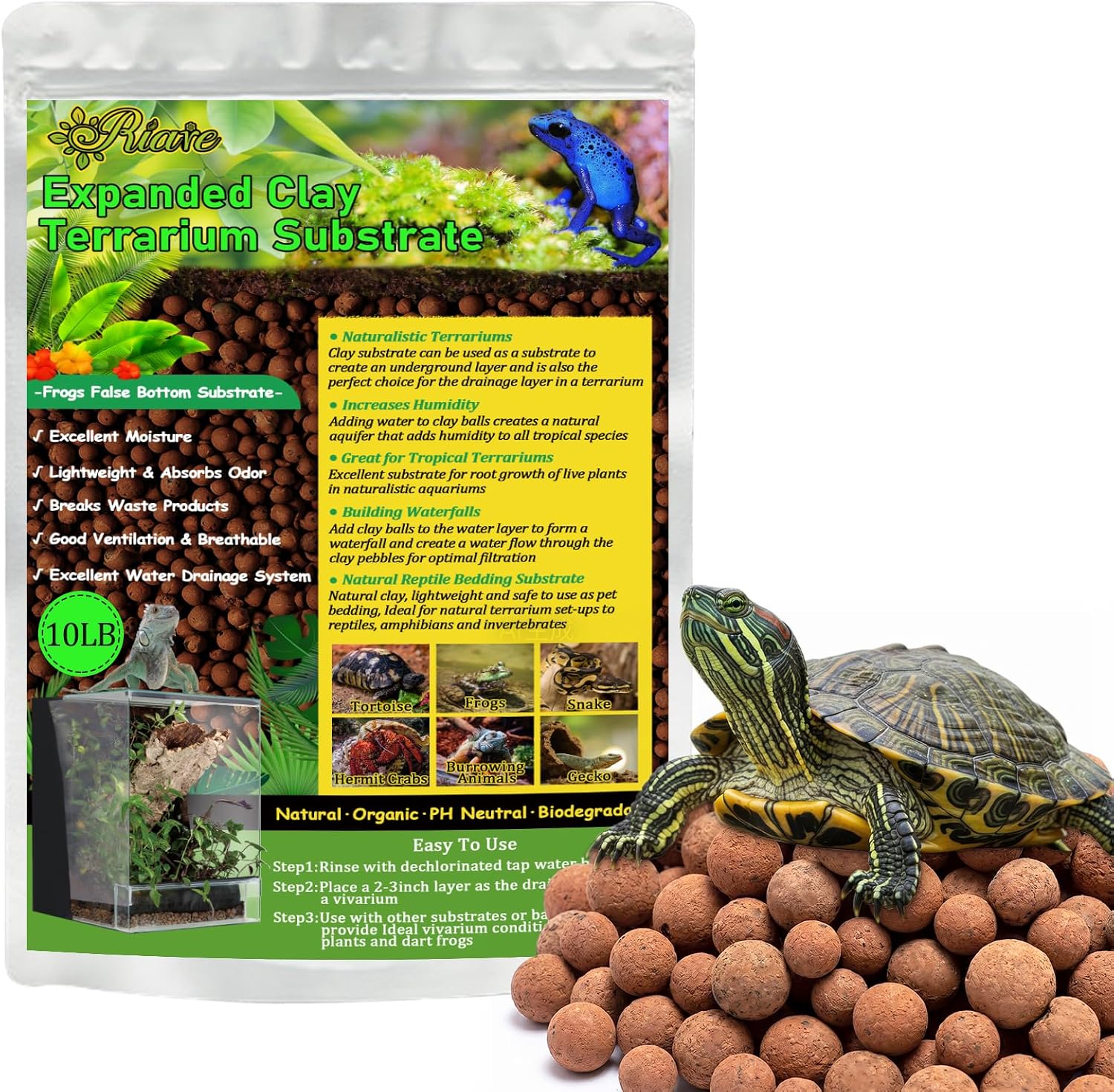 Riare 10LBS Expanded Clay Balls Terrarium Substrate for Reptiles - 100% Organic Lightweight Clay Pebbles Substrate Frogs False Bottom Substrate, Bioactive Terrarium Substrate for Drainage and Moisture