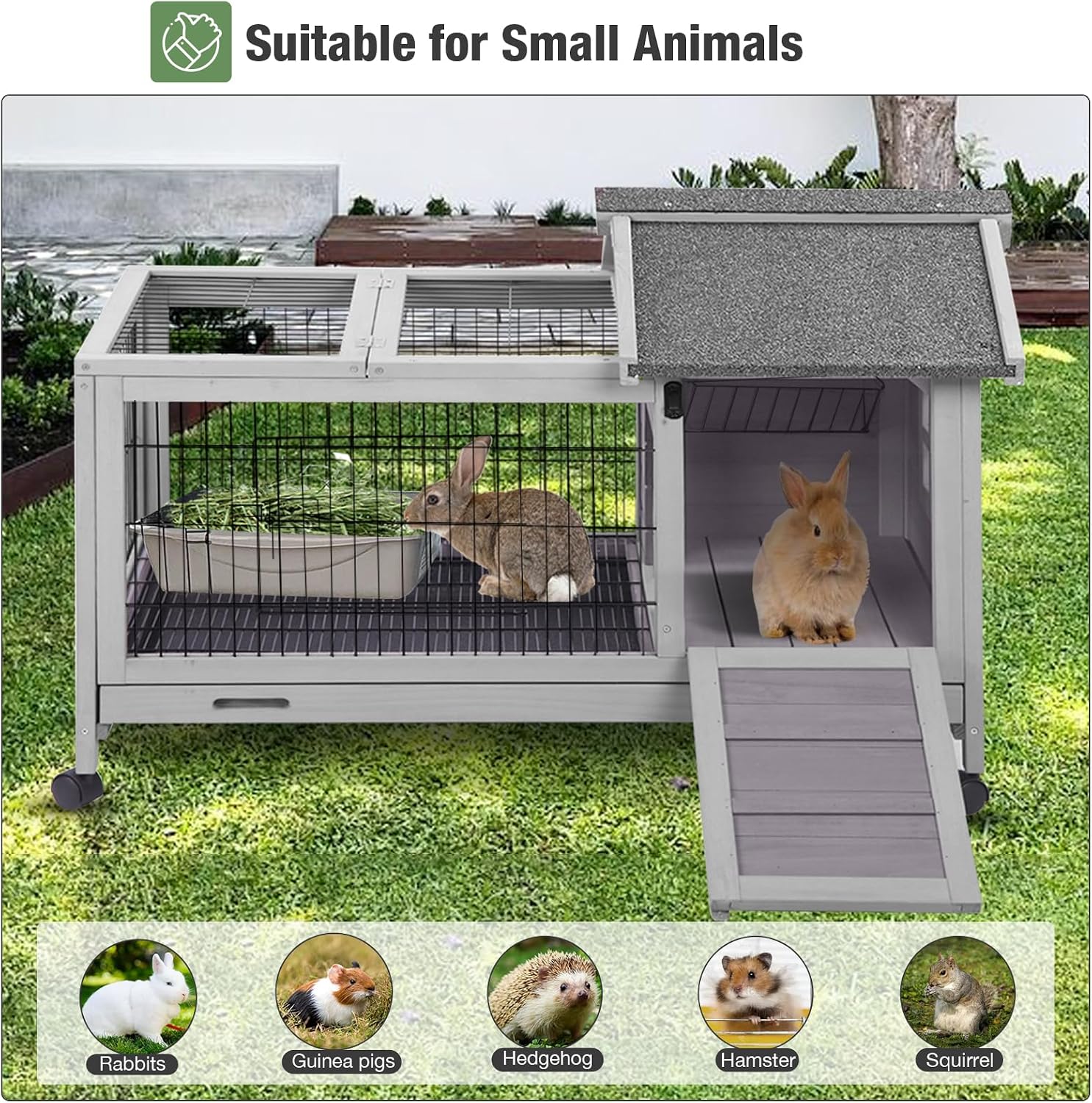 Wooden Rabbit Hutch Indoor and Outdoor, Rabbit Cage with Removable Wire Netting and Leak Proof Tray, Mobile Bunny Cage with Wheels (Grey) - Image 6