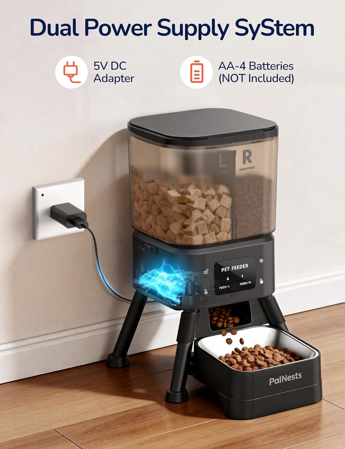 Dual Chamber Automatic Cat Feeder, Smart WiFi Pet Food Dispenser 4L with 2.4&5G WiFi App, Custom Schedule & Portion Control for Dry Food and Treats, Black - Image 6