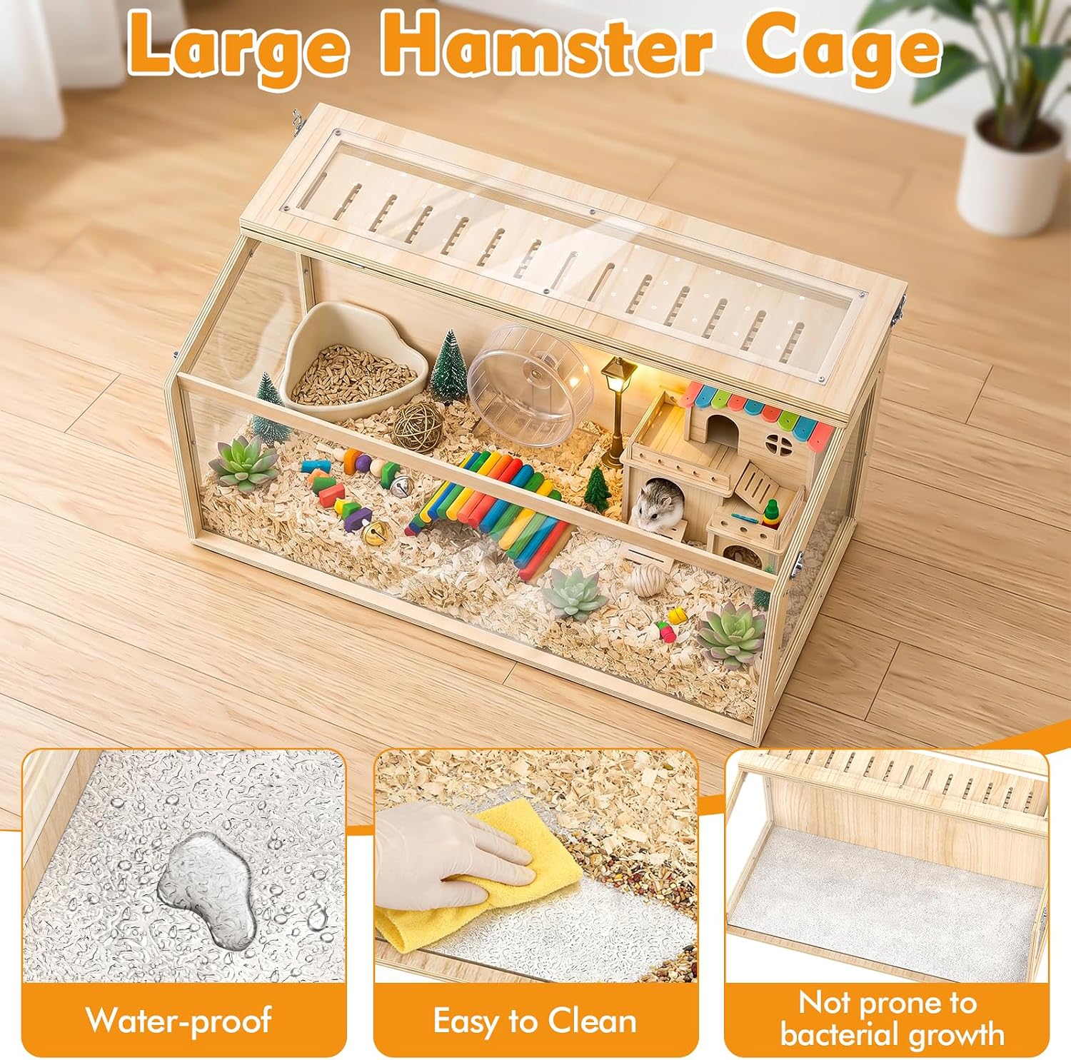 XiaZ Hamster Cage Chewproof,32Inch Large Hamster Cage with Panoramic View and Ventilated Top, Spacious Acrylic Glass Habitat for Syrian Dwarf Hamsters and Degus, Natural Wood Frame Enclosure - Image 6