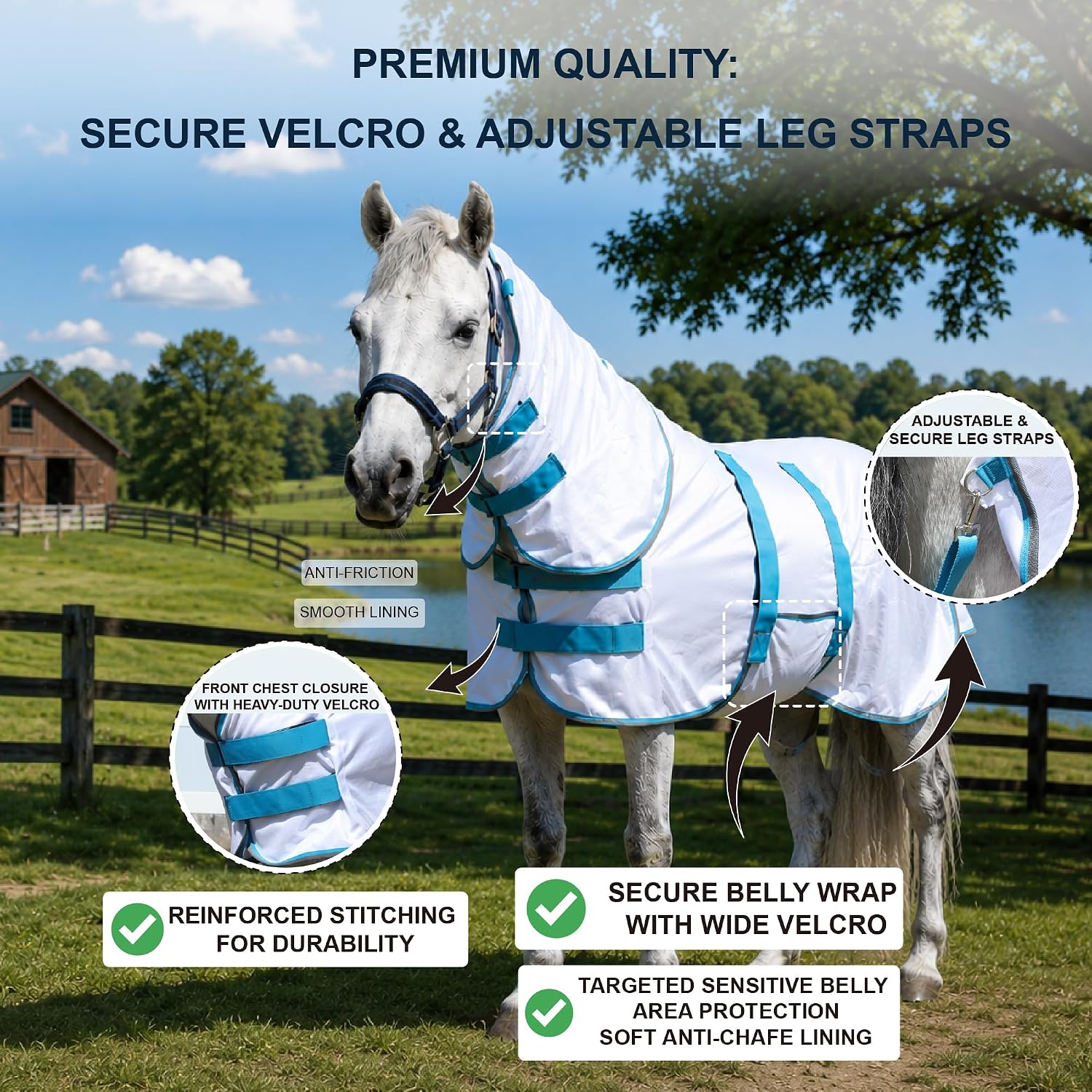 Fly Sheet for Mini Horse/Pony/Foal & Weanling/Yearling/Donkey - Detachable Neck Cover & Belly Wrap, Lightweight Airflow Mesh Summer Sheet for Pasture & Stable, UV Protection White 40" - Image 5