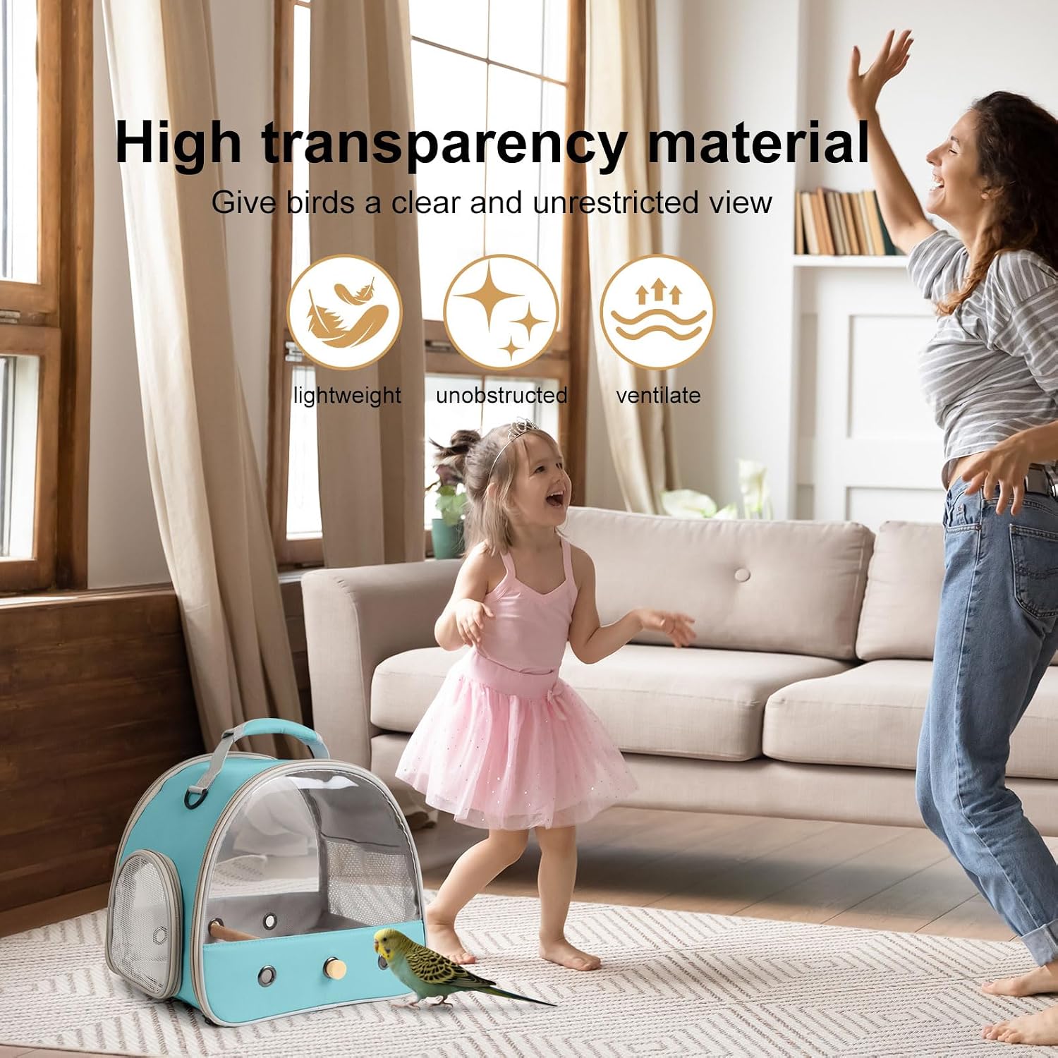 Bird Carrier, Portable Small Bird Parrot Parakeet Carrier with Standing Perch and Stainless Steel Tray, Side Access Window Collapsible (Green, Clear Windows) - Image 5