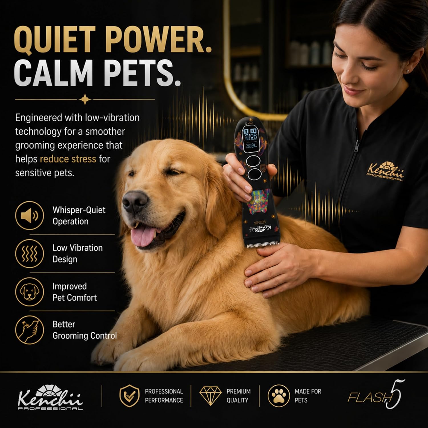 Kenchii Flash 5 Professional Dog Grooming Clippers, Cordless 5-Speed Pet Hair Trimmer for Thick Coats & Matted Fur, Quiet Heavy Duty Clipper, 5-in-1 Adjustable Blade, LCD Display, USB-C (Wolf Edition) - Image 8