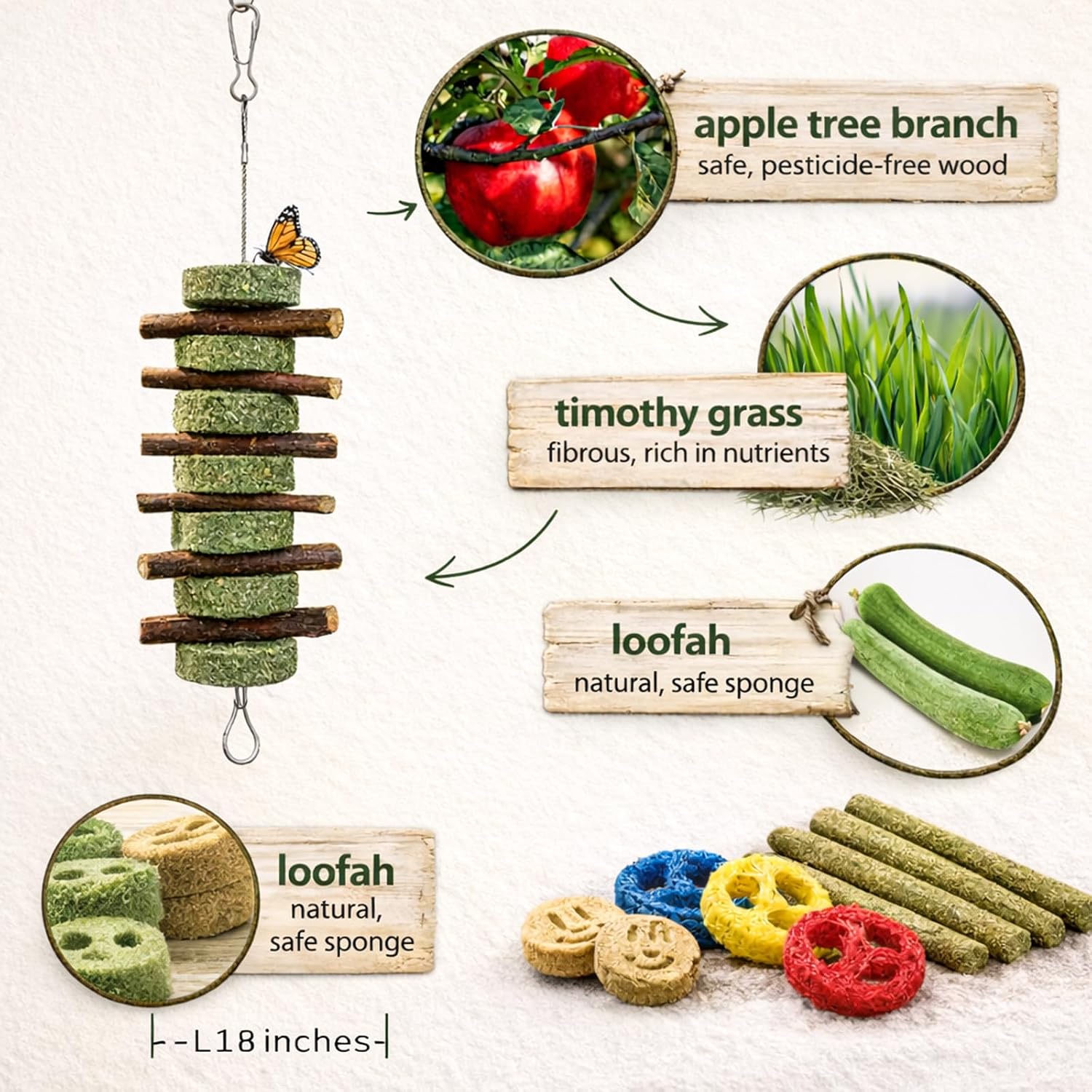 Grddaef 20 PCS Bunny Chew Toys for Teeth, Natural Rabbit Toys Apple Wood Grass Timothy Sticks Chew and Treat for Guinea Pigs Hamster Chinchillas - Image 3