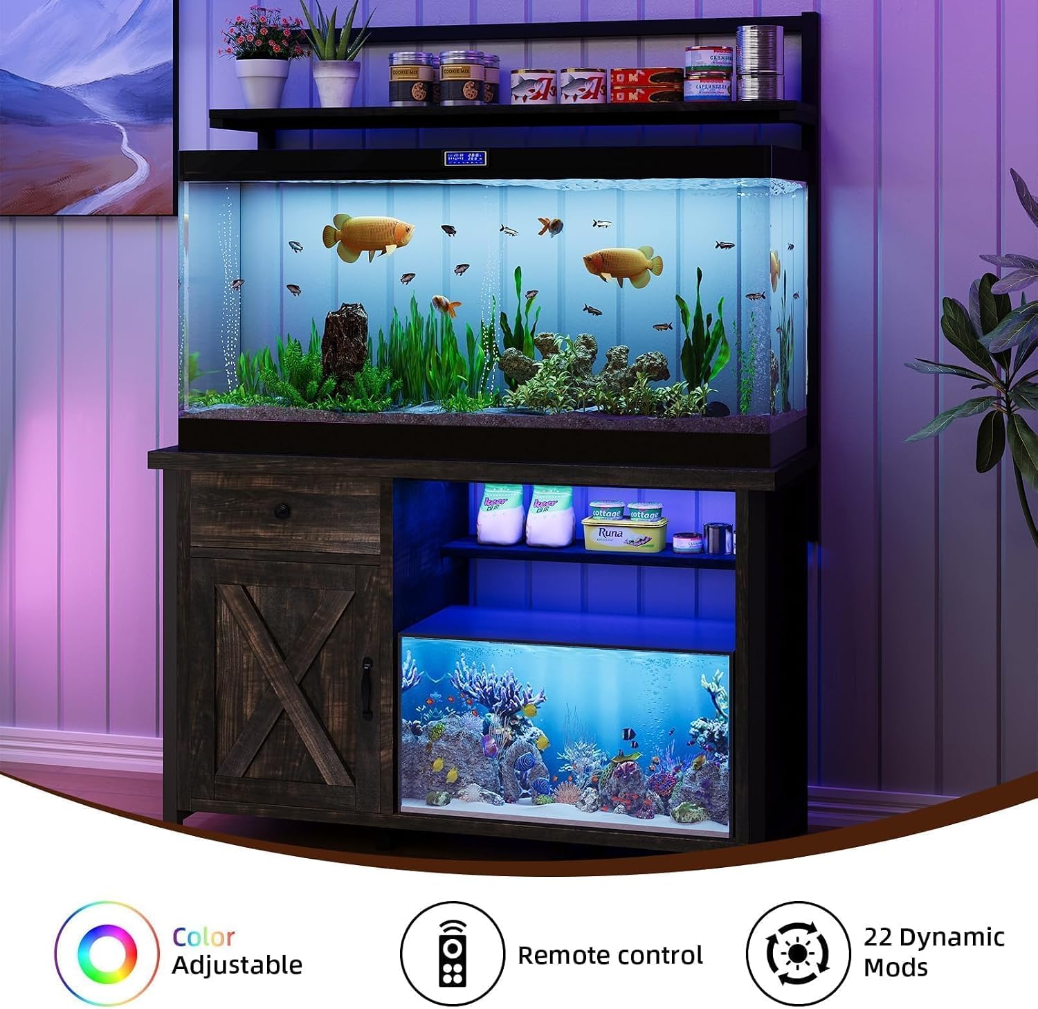 55-75 Gallon Fish Tank Stand with Power Outlet, Led Light, Heavy Duty Aquarium Stand with Cabinet for Fish Tank Accessories Storage, Shelf, for Turtle Tank, Reptile Terrarium, 1100 LBS (Oak) - Image 5