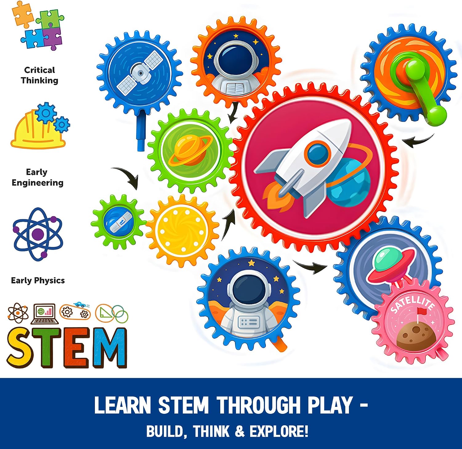 Motorized Spinning Gear Building Toys for Kids, Space Rocket STEM Construction Set, Educational Interlocking Building Blocks Puzzle | Gear Toys for Toddlers Ages 3-8 | Interlocking Building Blocks, Gear Construction Play, Fine Motor Skills, Educational Puzzle Toy for Kids Ages 3-8 - Image 7