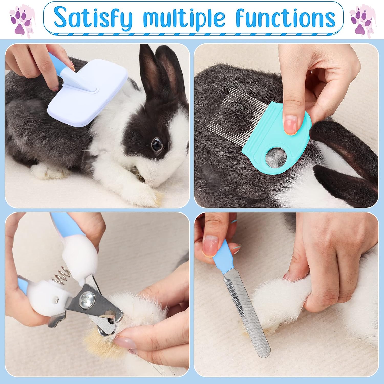 VCZONE Small Animal Grooming Set: Pet Nail Clipper & File, Flea Comb, Shampoo Brush, Shedding Slicker Brush, Massage Glove, Cleaning Comb (Blue) - Image 3
