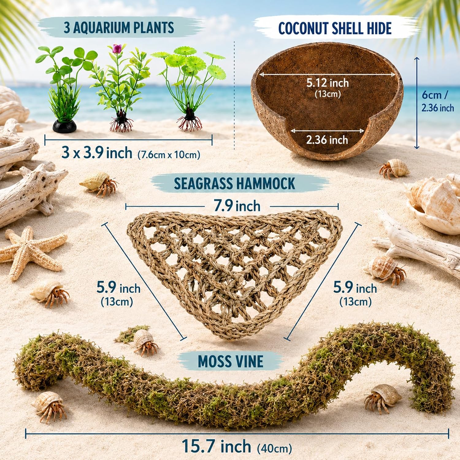 HERCCOCCI Hermit Crab Accessories, 6Pcs Hermit Crab Toys Coconut Shell Hut Climbing Hammock Artificial Plants for Hermit Crabs - Image 7