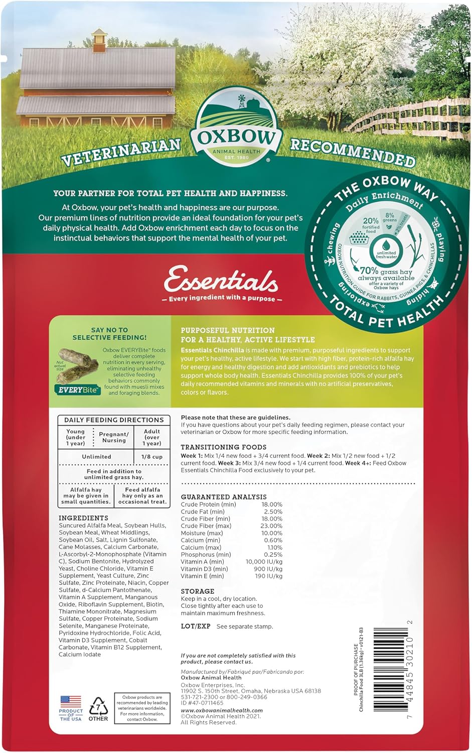 Oxbow Essentials Chinchilla Food, Made with Oxbow Alfalfa, Vitamin & Mineral Rich Food for Chinchillas, Small Animal Pet Pellets, Made in USA, High Fiber, 3 lb Bag - Image 2