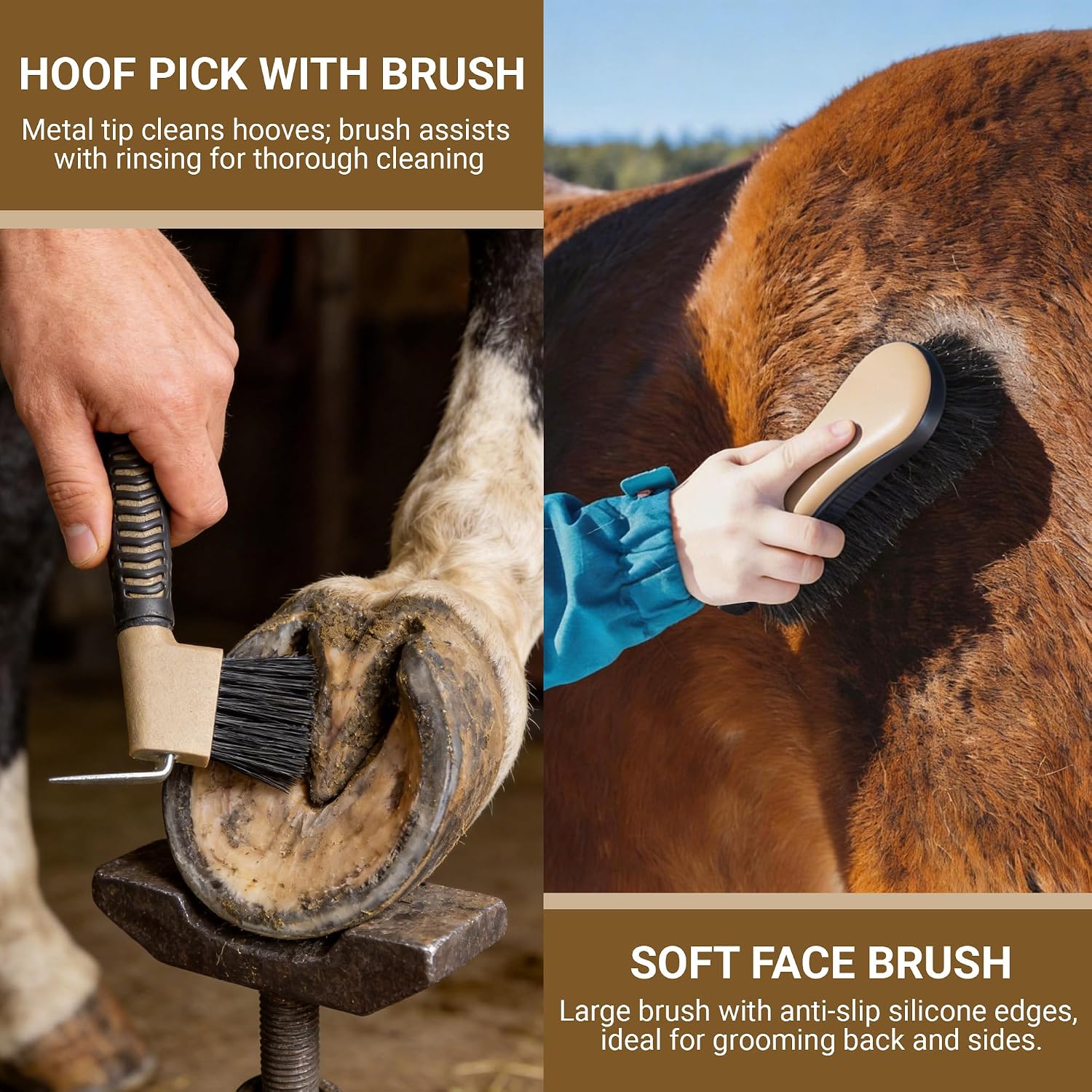 Horse Grooming Kit, 14-in-1 Professional Horse Brush Supplies Set for Grooming & Care, with Horse Brushes, Curry Comb, Hoof Pick & Waterproof Storage Tote Bag for Shining, Detangling, Massaging(Khaki) - Image 5