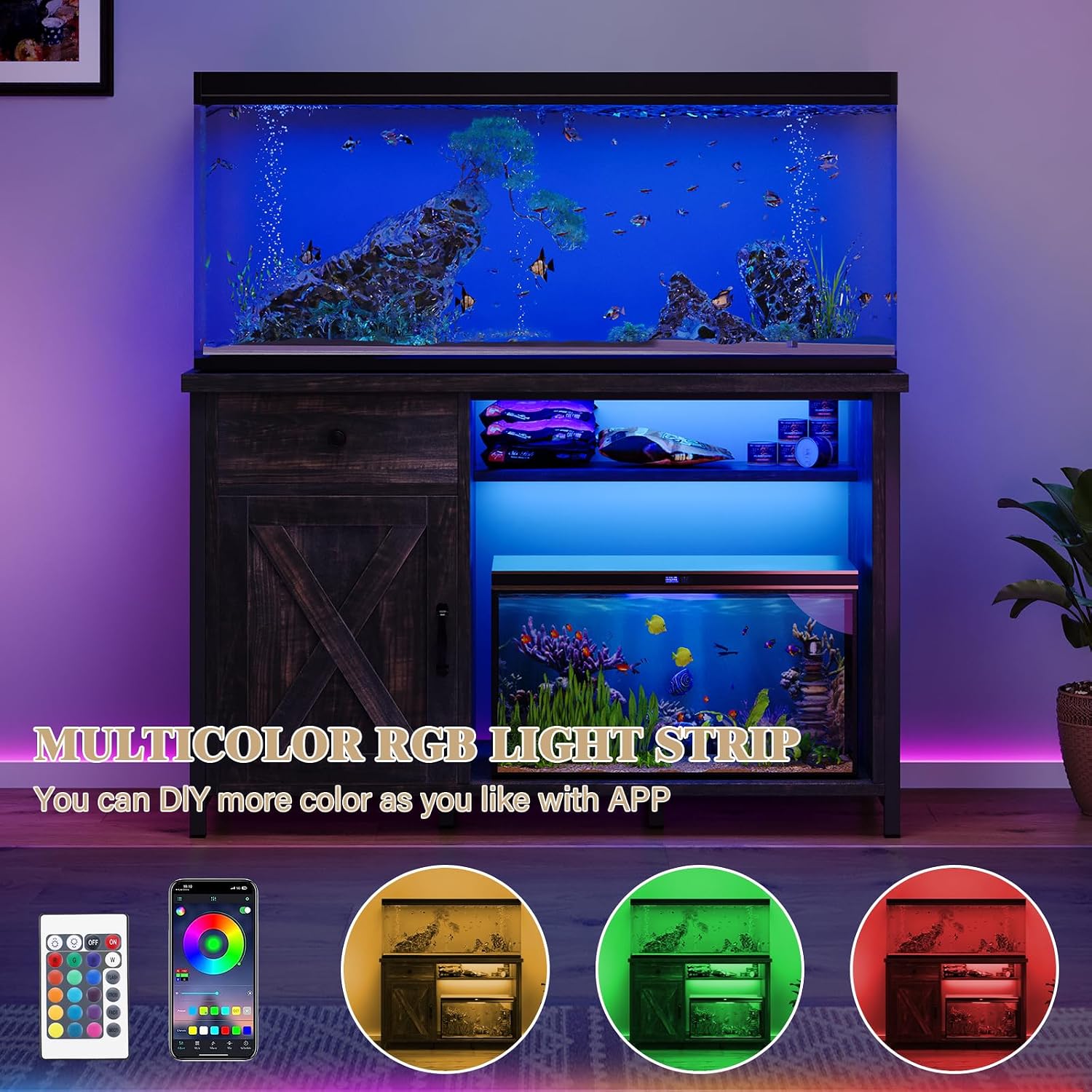 4ever2buy 55-75 Gallon Fish Tank Stand with Power Outlets, LED Light, Heavy Duty Aquarium Stand with Cabinet for Fish Tank Accessories Storage, for Turtle Tank, Reptile Terrarium, 1100LBS, Oak - Image 4