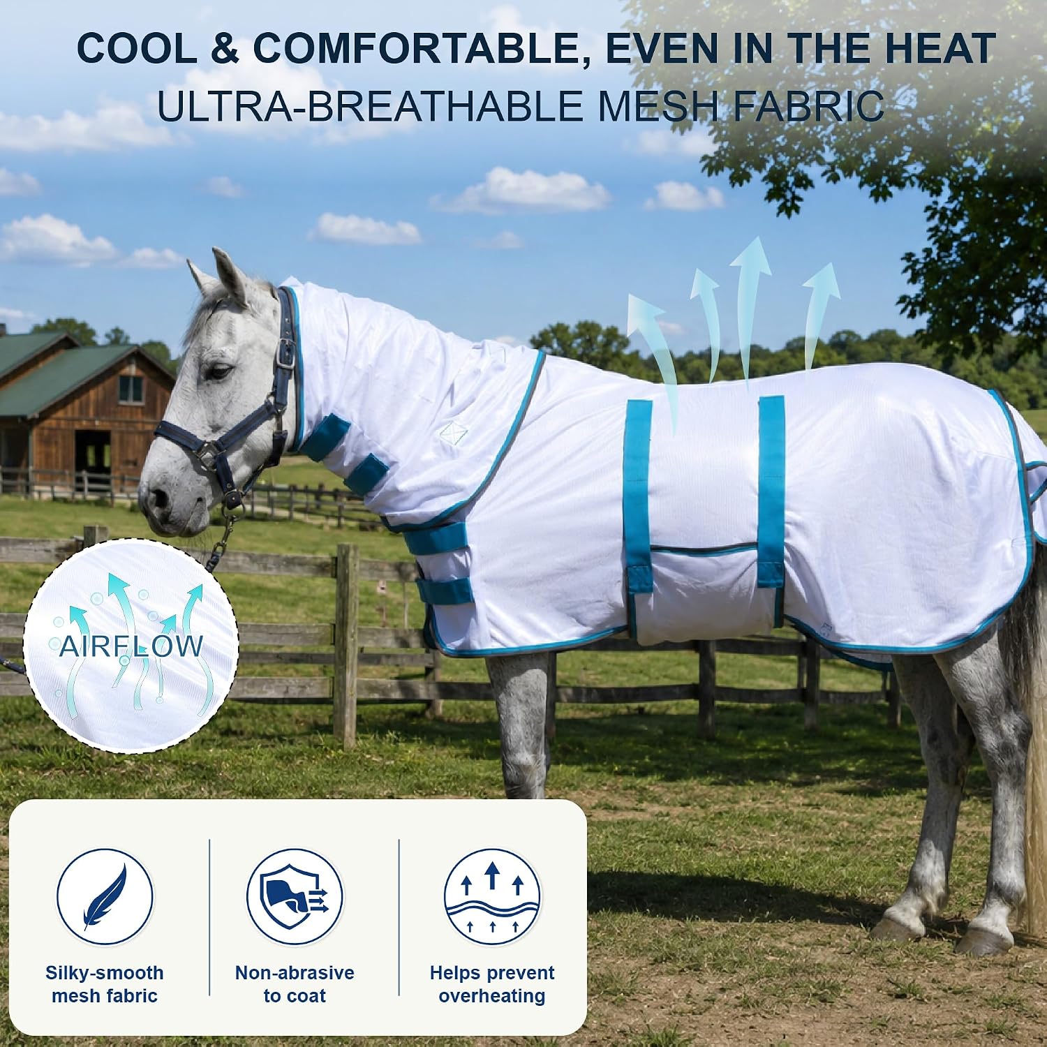 Fly Sheet for Mini Horse/Pony/Foal & Weanling/Yearling/Donkey - Detachable Neck Cover & Belly Wrap, Lightweight Airflow Mesh Summer Sheet for Pasture & Stable, UV Protection White 40" - Image 4
