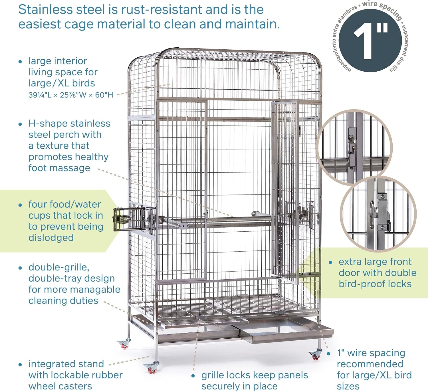 Prevue Pet Products Imperial Extra Large Stainless Bird Cage - Big Birdcage Ideal for Parrots, Cockatoos, Macaws, Included Perch and Cups, Durable Cage with Wheels - Gray, Extra Large - Image 7