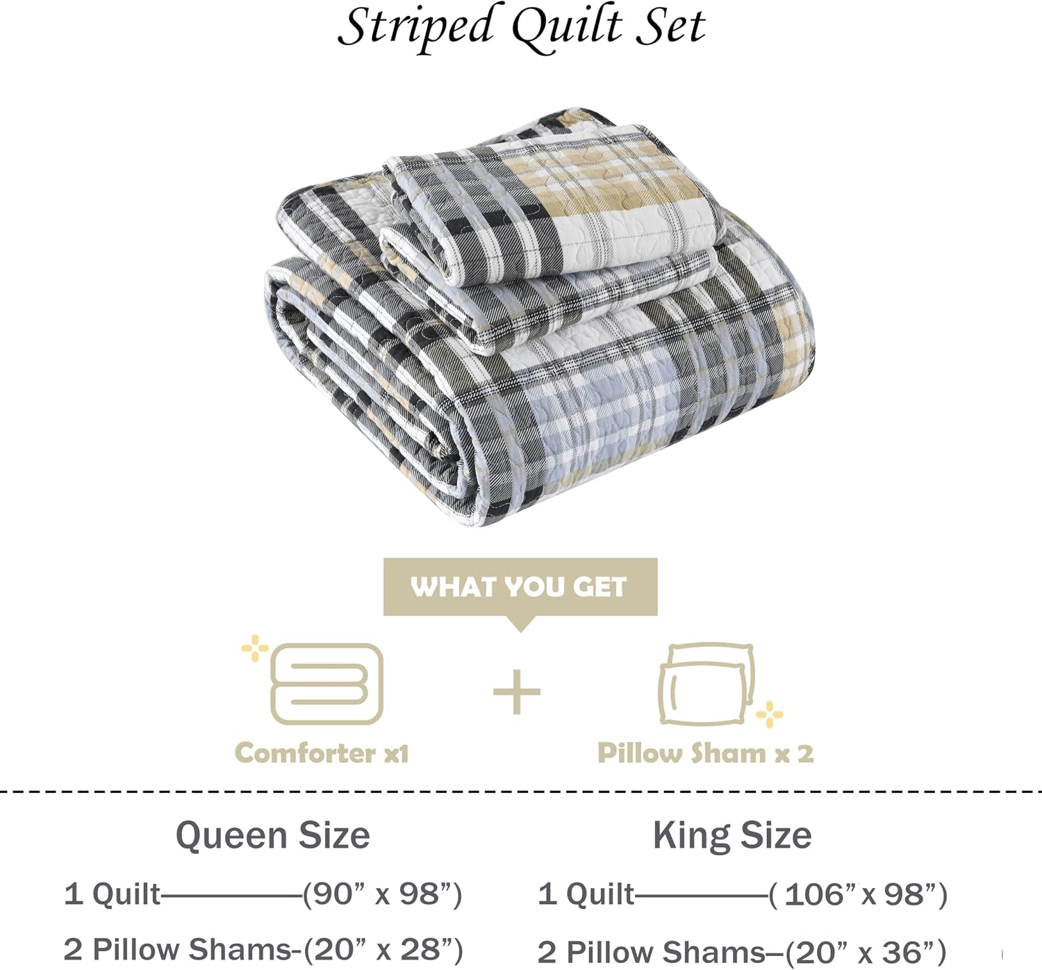 Quilts Queen Size, 100% Cotton Queen Size Comforter Set, Brown Black Grey White Striped Bedding Sets, Plaid Queen Bedspread,Brown Gingham Comforter Set Lightweight Reversible All Season 3 Piece - Image 7