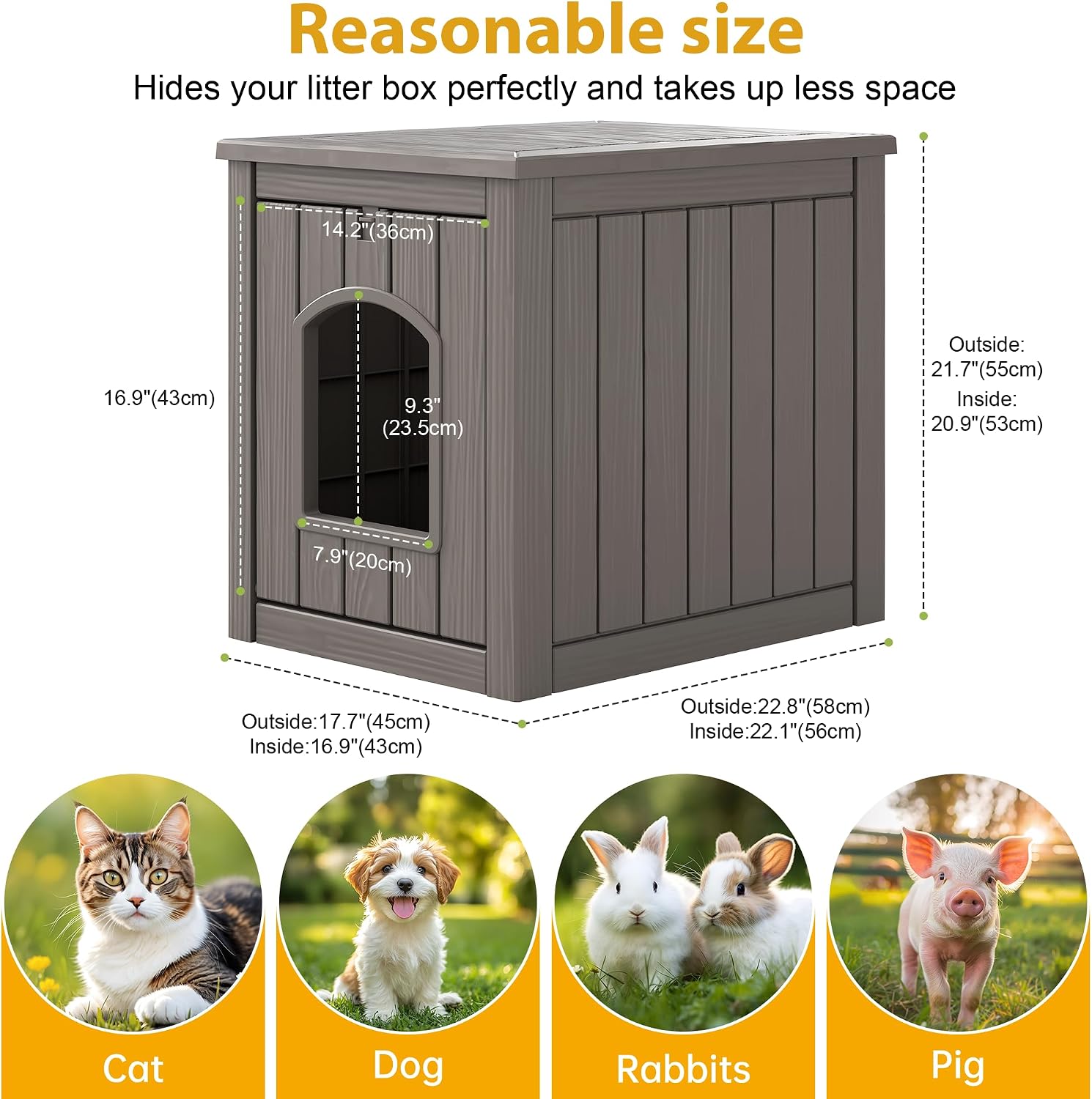 Cat Litter Box Enclosure, Multi-Functional Enclosed Cat Litter Box Furniture, Outdoor Cat House Weatherproof, Openable Front Door & Raised Floor, Easy to Clean & Assemble, Grey - Image 5