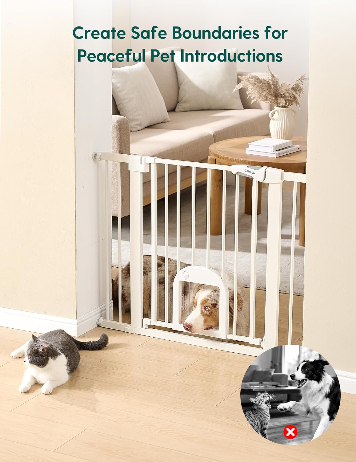 Babelio Upgraded Baby Gate with Adjustable Cat Door, CatPrivilege Ⅲ, 29-43" Auto Close Durable Dog Gate for Stairs, Doorways and House, Easy Walk Thru Safety Gate with Pet Door, White - Image 3