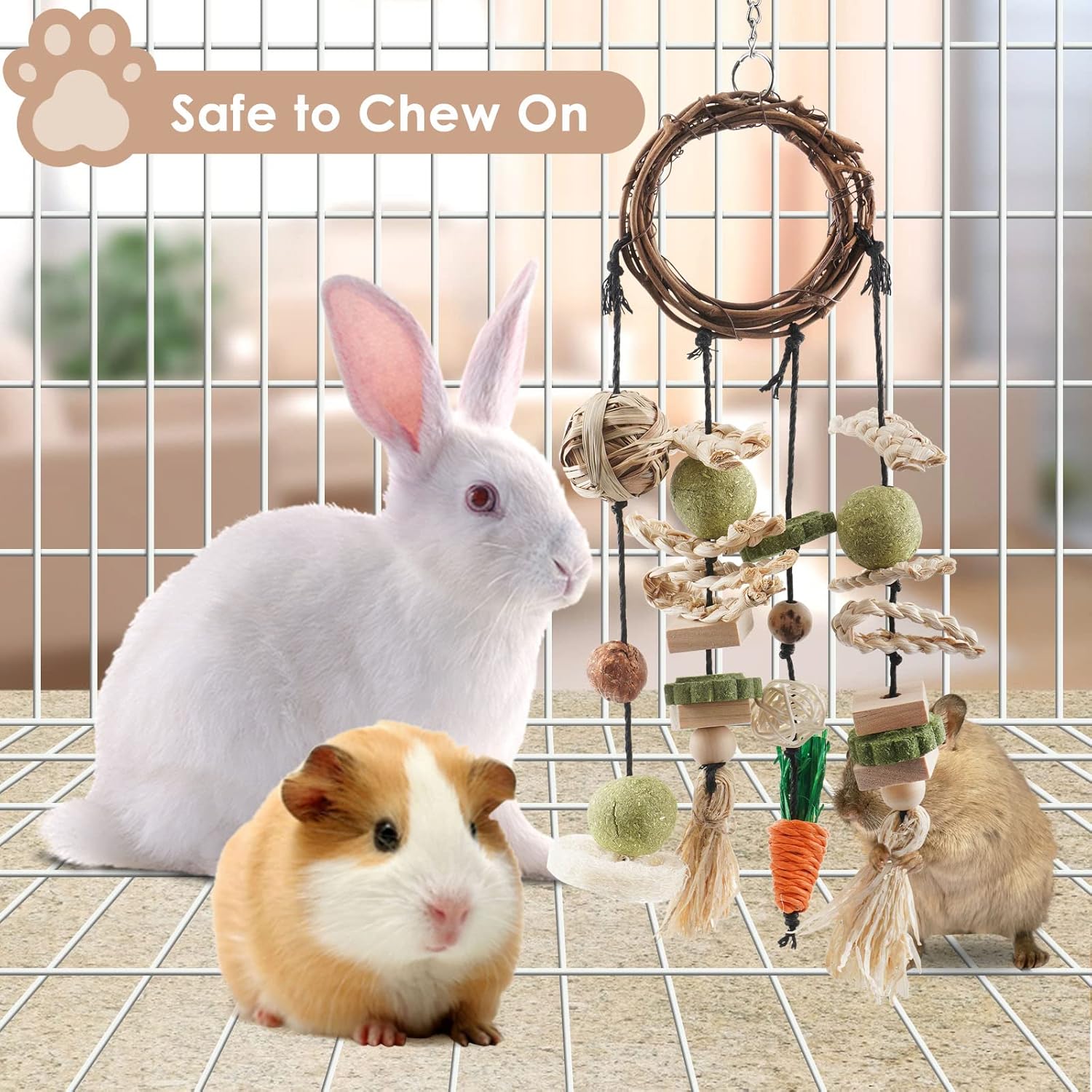 Bissap Bunny Chew Toy, Rabbits Cage Hanging Chew Toys and Treats Grapevine Wreaths Rattan Ring with Snacks for Guinea Pigs Chinchillas Hamsters Rats and Other Small Pets Teeth Grinding - Image 3