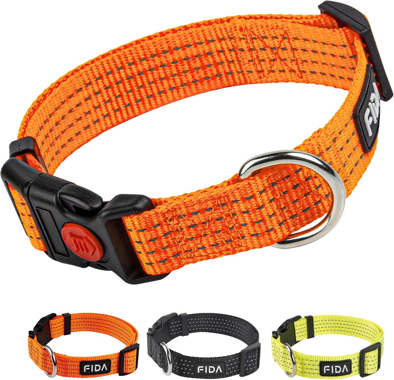 Fida Reflective Dog Collar, Nylon Dog Collars with Neon Colors for Small/Medium/Large Dogs, High Visibility Dog Collars with Safety Locking Buckle(Medium, Neon Orange)