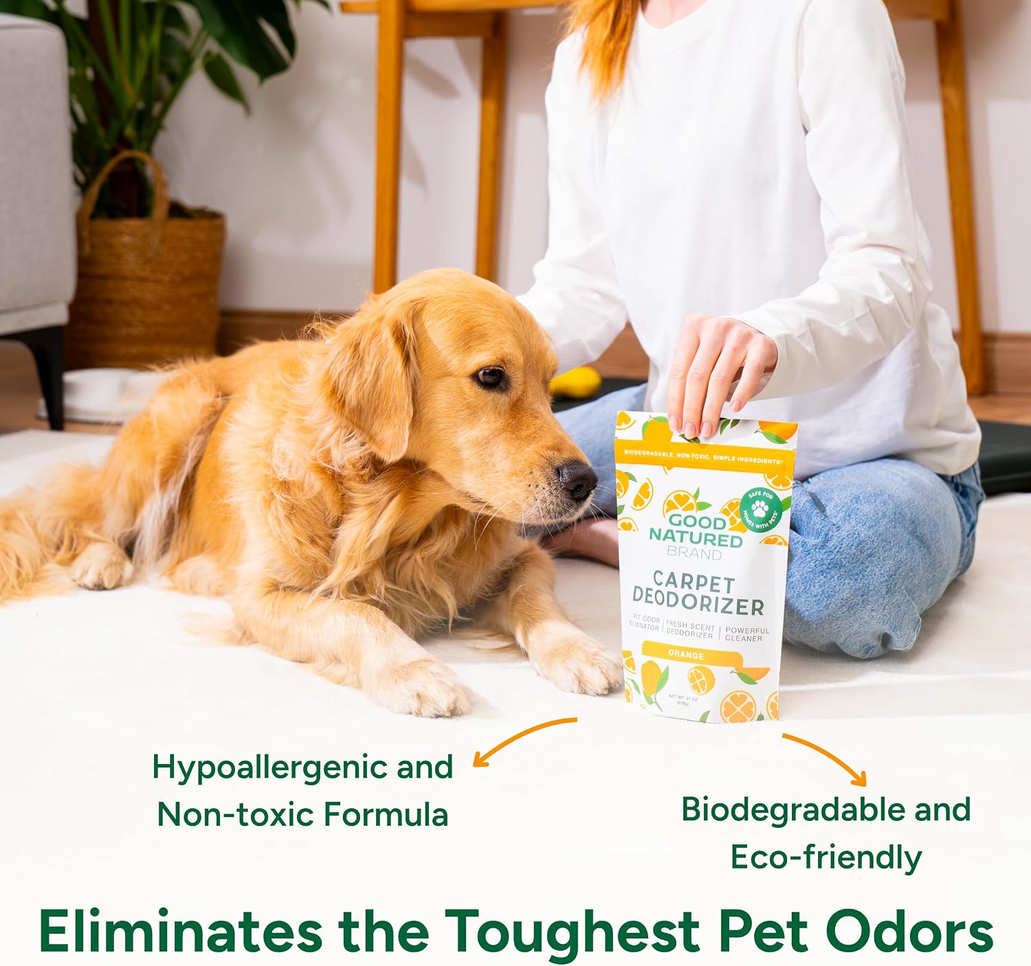 Good Natured Brand | Carpet Deodorizer & Freshener Powder | 31 oz Pet Odor Eliminator for Strong Odor & Pet Urine | Fresh Natural Sweet Orange Scent | Safe for Homes with Pets - Image 5