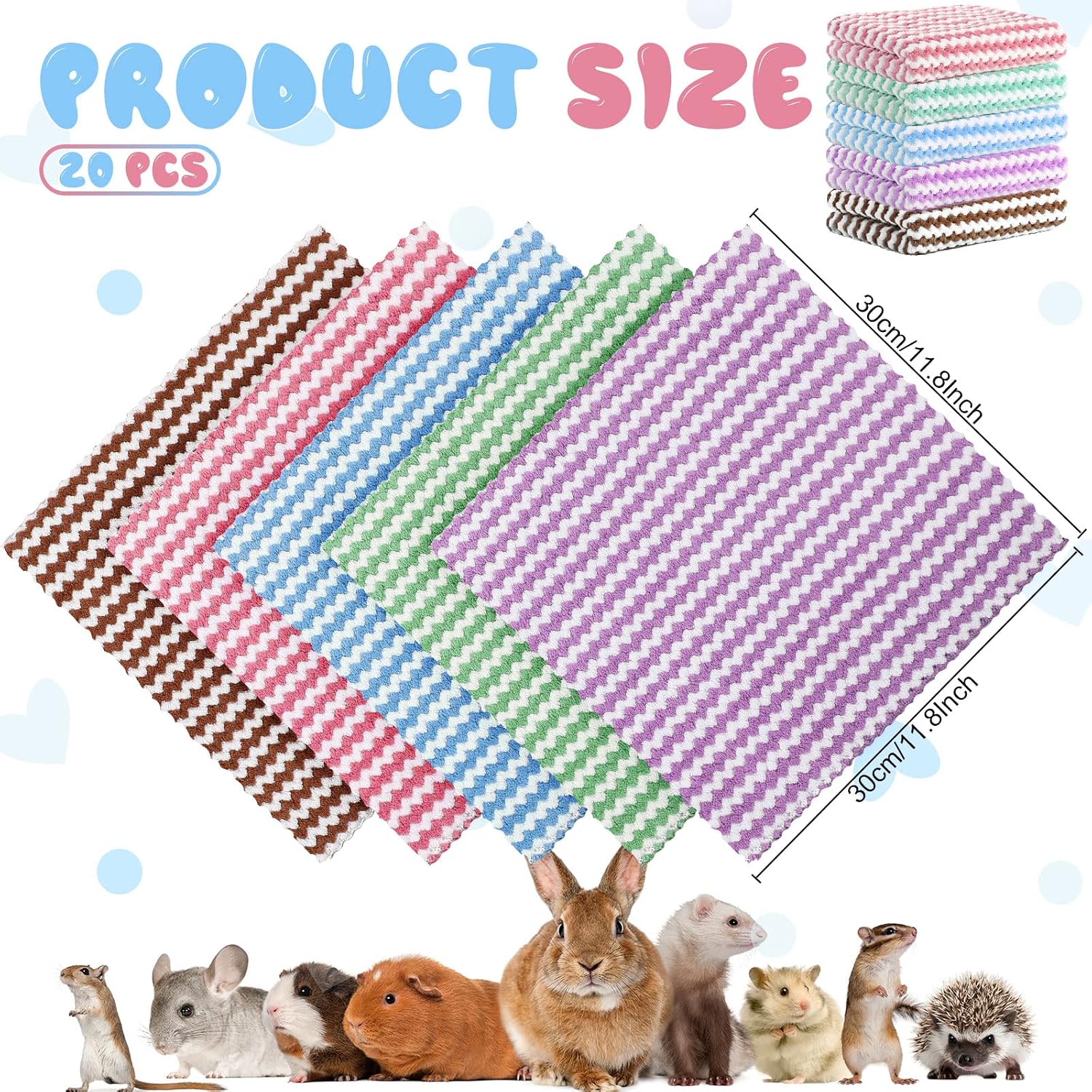 Moukeren 20Pcs Guinea Pig Fleece Bedding Blankets Bulk Washable Small Animal Fleece Cage Liners Pet Wash Cloth Sleeping Mat Cover for Hamster Chinchilla Rabbit Hedgehog(Multicolor, 12 x 12 Inch) - Image 2