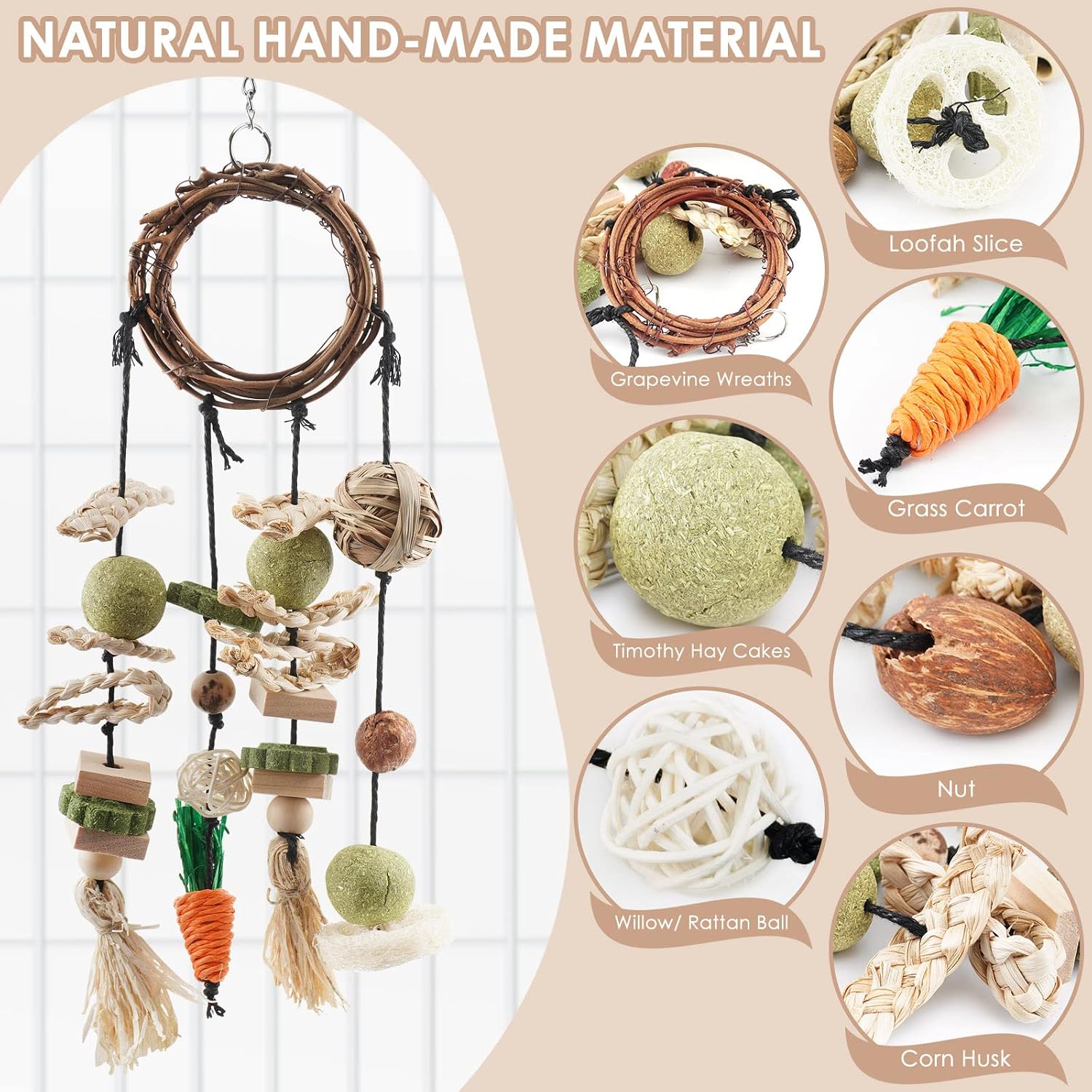 Bissap Bunny Chew Toy, Rabbits Cage Hanging Chew Toys and Treats Grapevine Wreaths Rattan Ring with Snacks for Guinea Pigs Chinchillas Hamsters Rats and Other Small Pets Teeth Grinding - Image 2