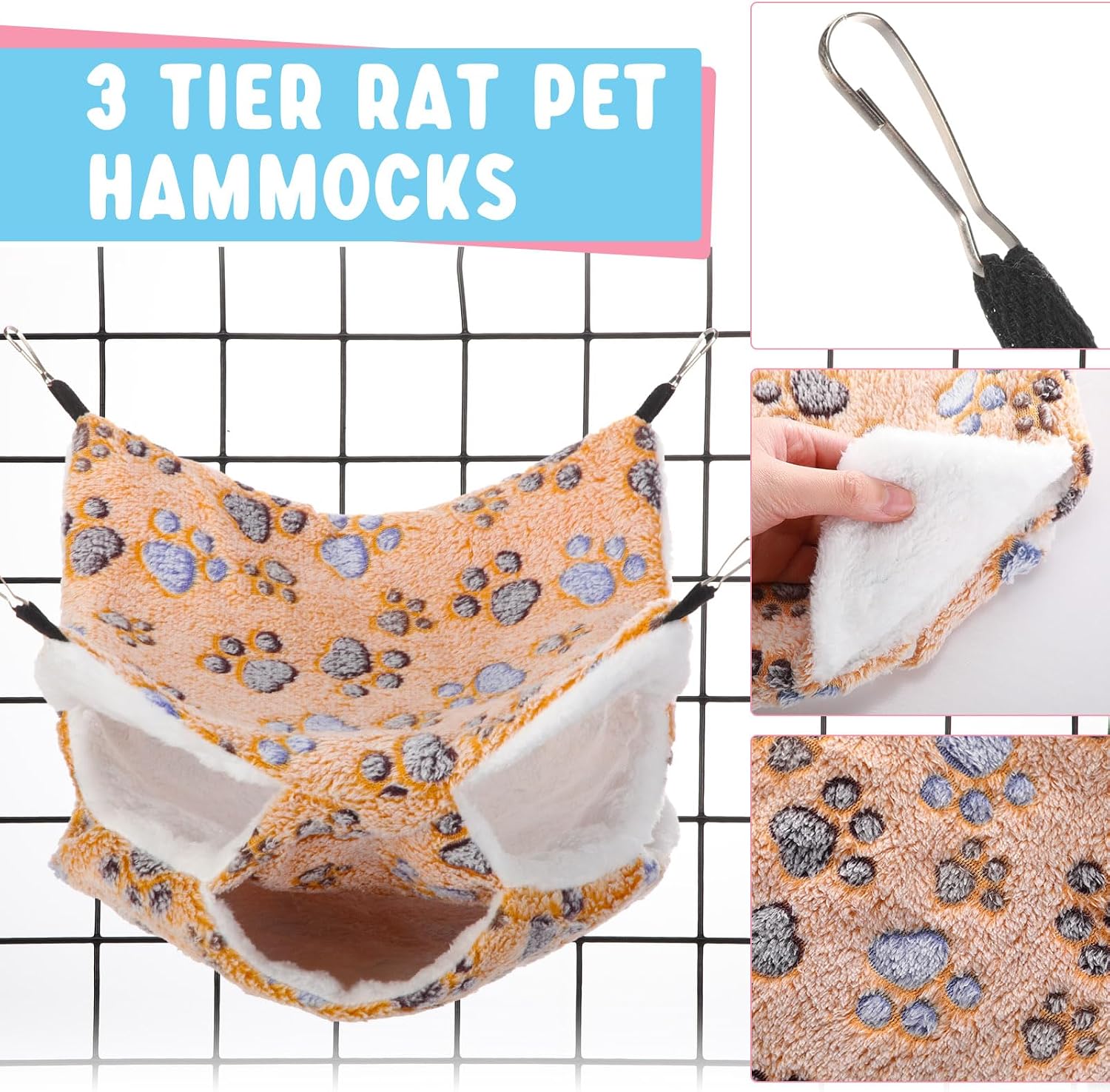 Abbylike 9 Pieces Rat Hammock 3 Tier Guinea Pig Ferret Hammocks Small Pet Hanging Tunnel Glider Toy Guinea Pig Ferret Hideout Bed Cage Accessories for Hamster(Light Brown, White, Black,Paw) - Image 3