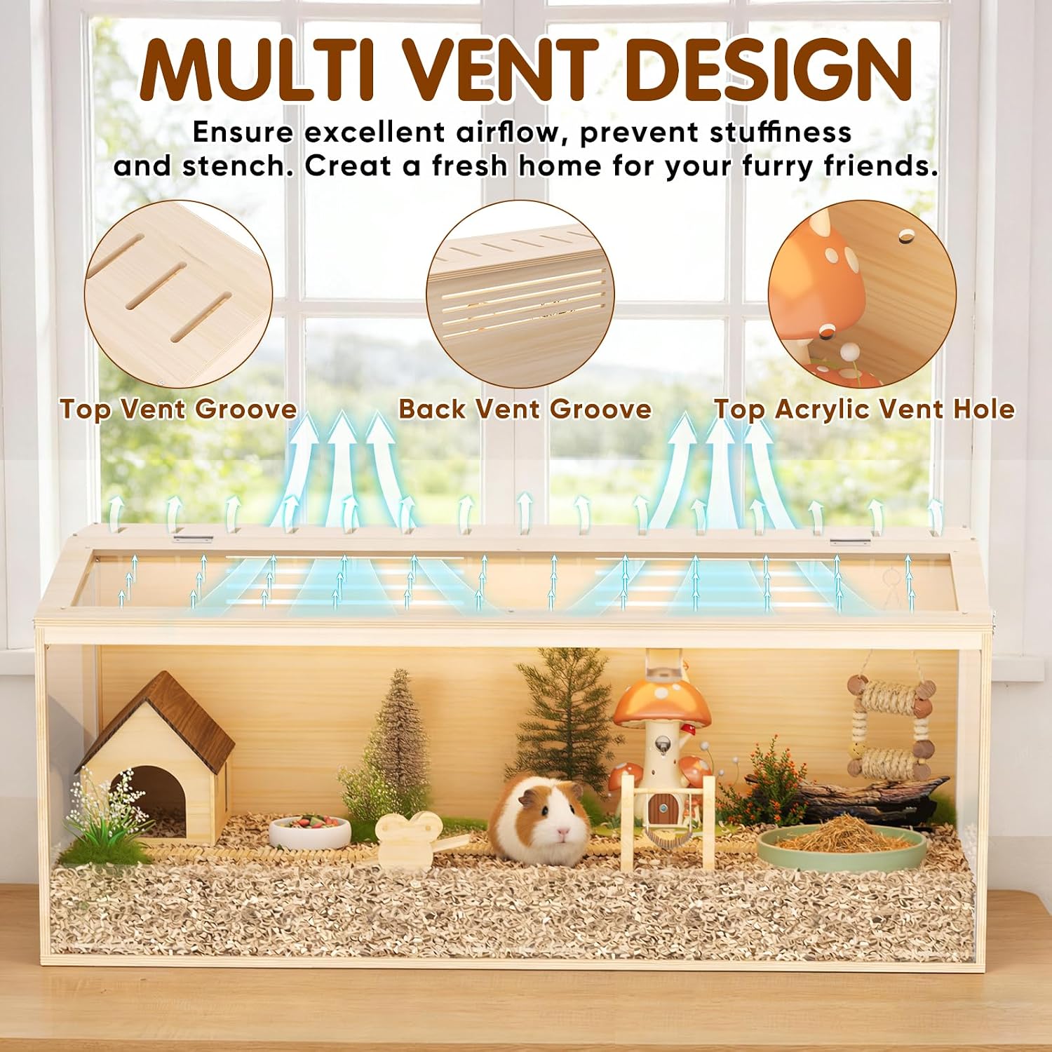 Wooden Hamster Cage, 48inch Large Hamster Enclosure with Openable Top & Stabilized Acrylic for Small Animals, Guinea Pig, Rabbit, Rat, 48" L x 20''W x 20''H Hamster Habitat with Multi-Vent - Image 5