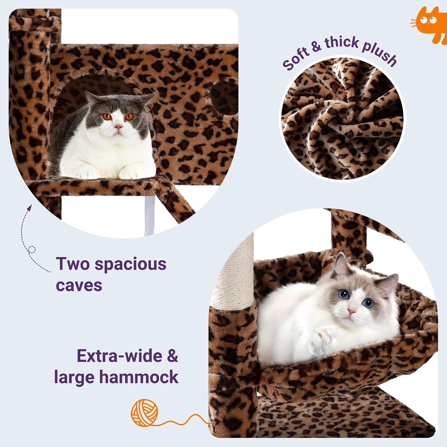 Allewie 81 Inches Tall Cat Tree/Multi-Level Large Climbing Tree House and Towers for Big Feline/Condo and Hammock/Scratching Post/Wide Base/Leopard Print - Image 6