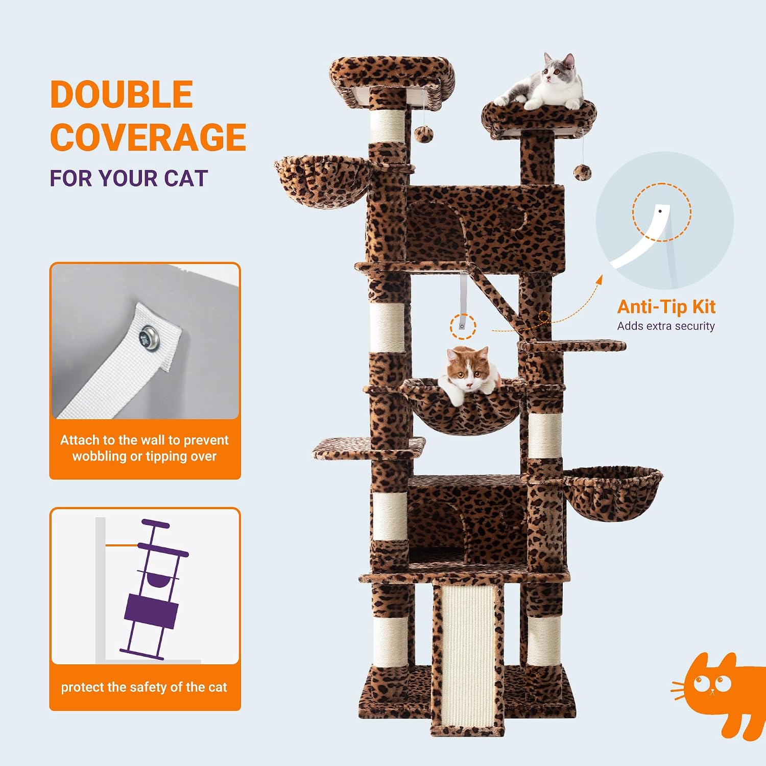 Allewie 81 Inches Tall Cat Tree/Multi-Level Large Climbing Tree House and Towers for Big Feline/Condo and Hammock/Scratching Post/Wide Base/Leopard Print - Image 7