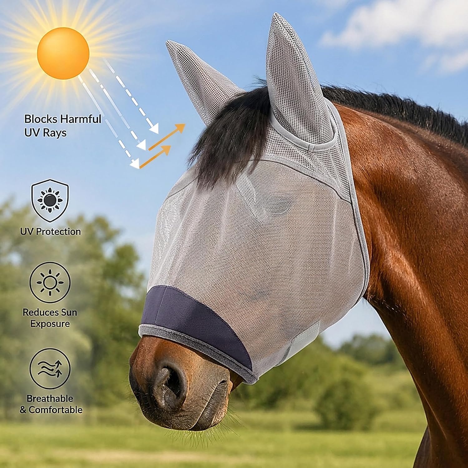 Horse Fly Mask with Ears - UV Protection Fine Mesh Super Comfort Fly Masks for Horses, Adjustable Breathability Horses Masks, Pony Equine Fly Mask for Miniature Foal Draft Cob Srabian Full (Gray, L) - Image 2