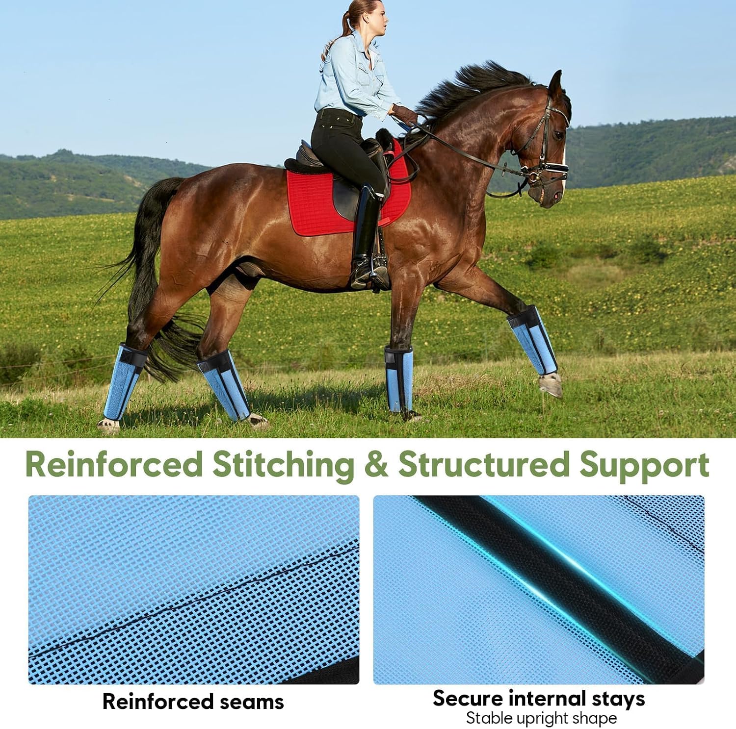 Fly Boots for Horses Set of 4, Horse Fly Boots with Reinforced Stitching, Extra-Wide Adjustable Hook & Loop Strap for Secure Fit, Breathable Mesh Fly Leg Wraps for Horse (4Pack, Blue) - Image 5