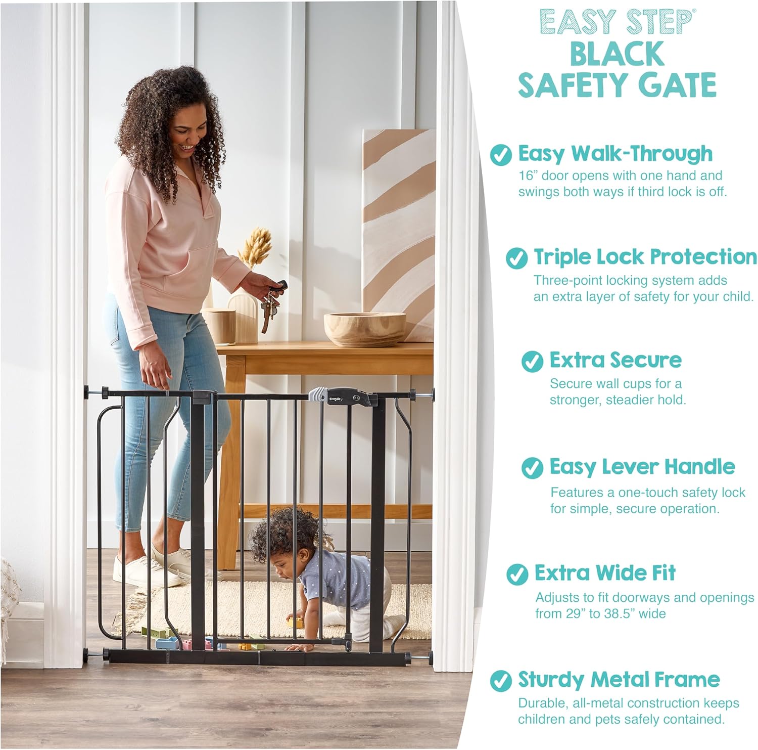 Regalo Safety 29-38.5" Baby Gate for Doorways & Bottom of Stairs, Pressure Mounted Baby Gate with Door for Babies, Toddlers & Pets, Tested & Safe for 30 Years, American Designed, American Owned, Black - Image 3