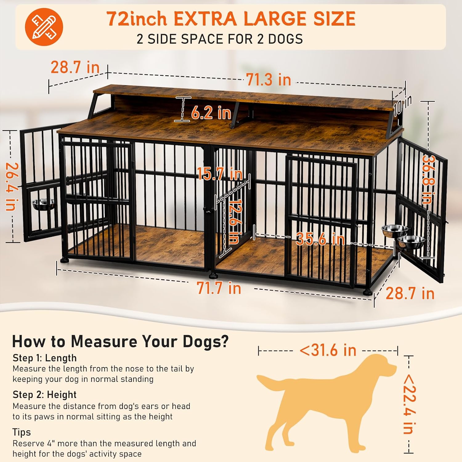 XXL Dog Crate Furniture for 2 Dogs, Extra Large Double Dog Cage Large Breed, Thick Wooden Dog Crate with Storage Rack, 72 Inch Double Dogs House Sturdy Dog Kennel with Removable Divider - Image 3