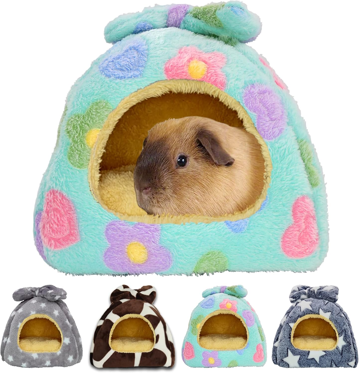 Guinea Pig Bed, Hideout House for Small Animals, Warm & Cozy | Premium Fleece Material, Ideal Bed & Accessories for Hamsters, Chinchillas, Dwarf Bunnies, Hedgehogs, M, Green Flower